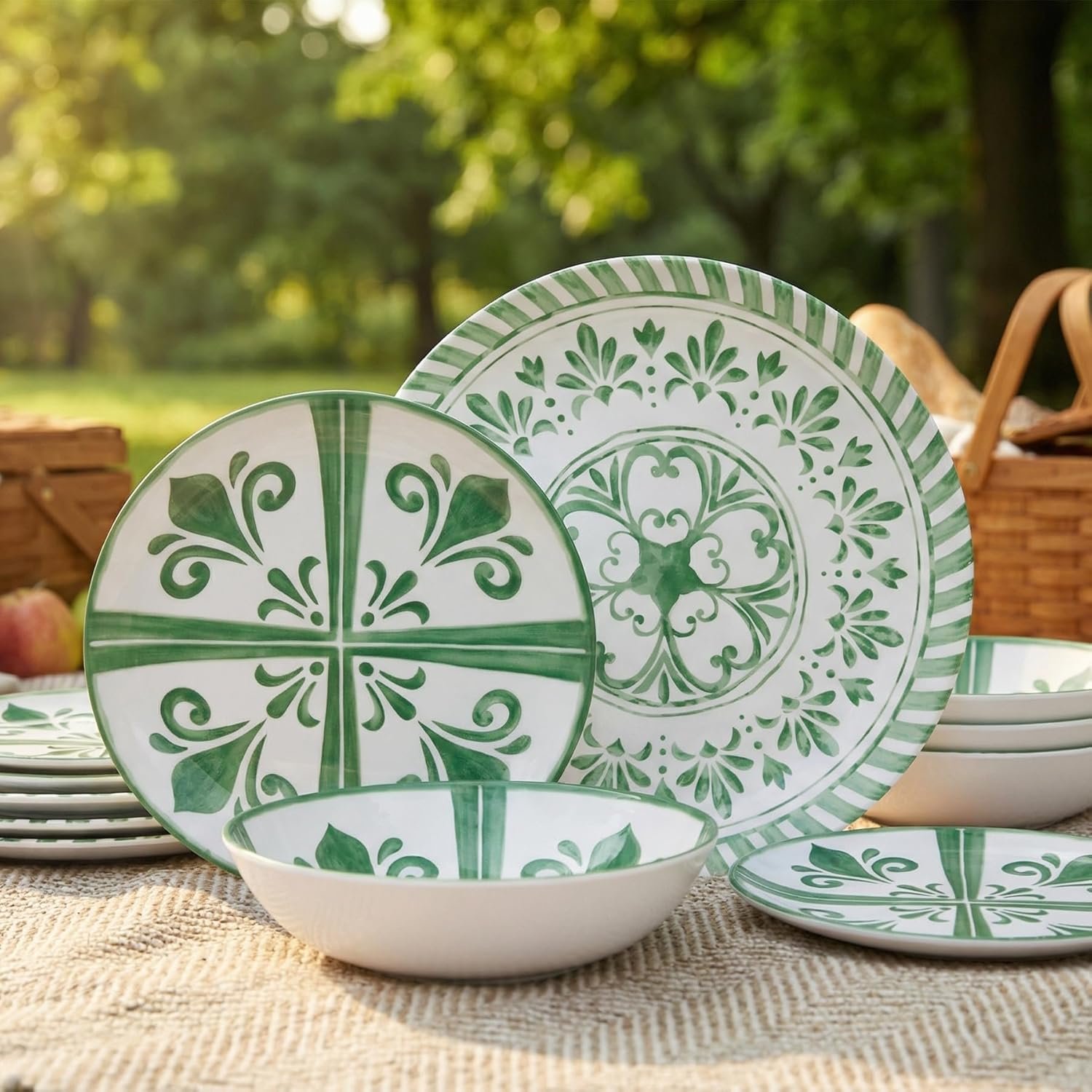 Melamine Dinnerware Sets, Dinnerware Sets for 4, 12Pcs Plates and Bowls Sets, Green Floral Embossed Design Dish Set for Indoor and Outdoor Use