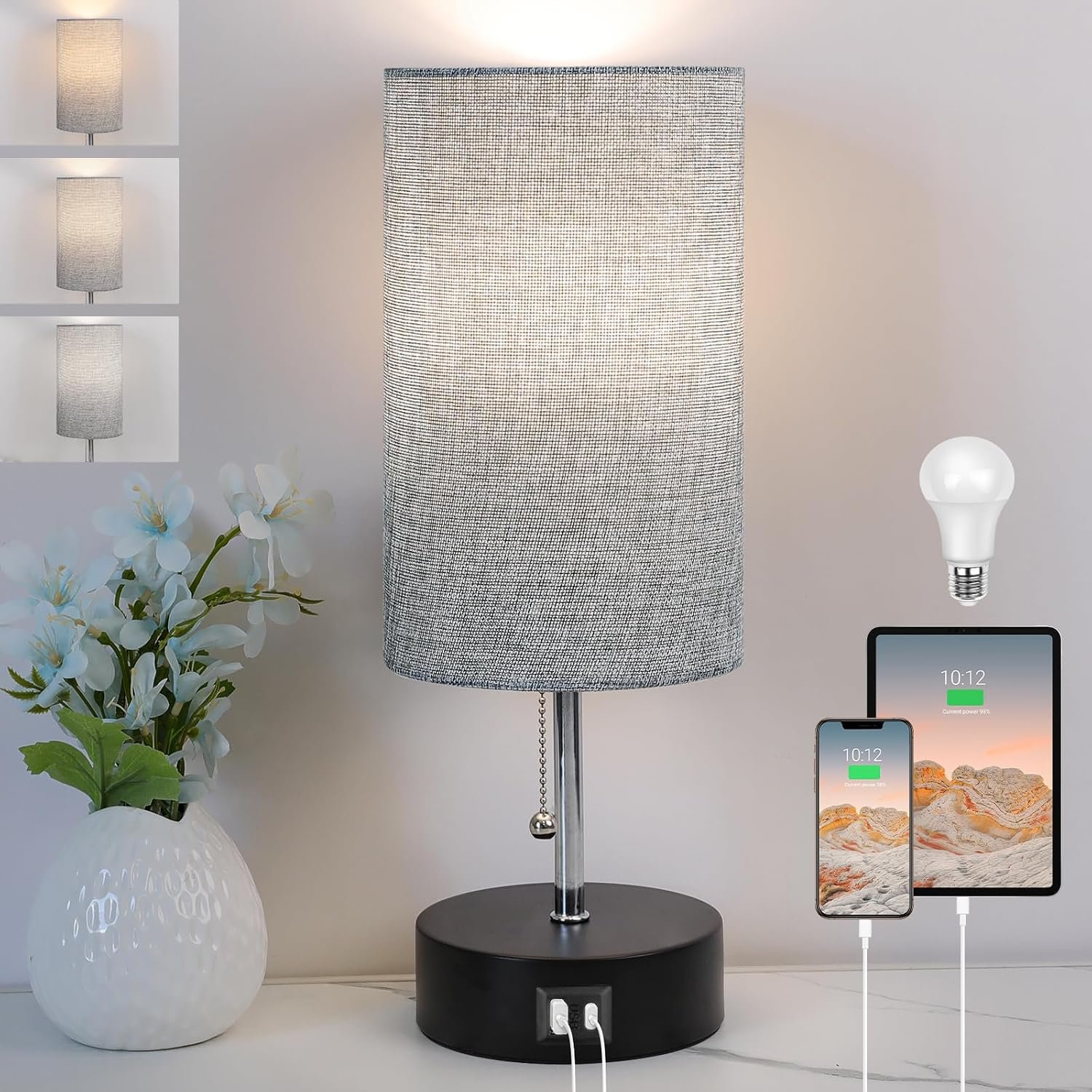 ROTTOGOON 3-Color Temperature Bedside Lamp Nightstand Lamp with USB A Port and C Port, Table Lamp for Bedroom with LED Bulb Small Lamps for Living Room (Gray)