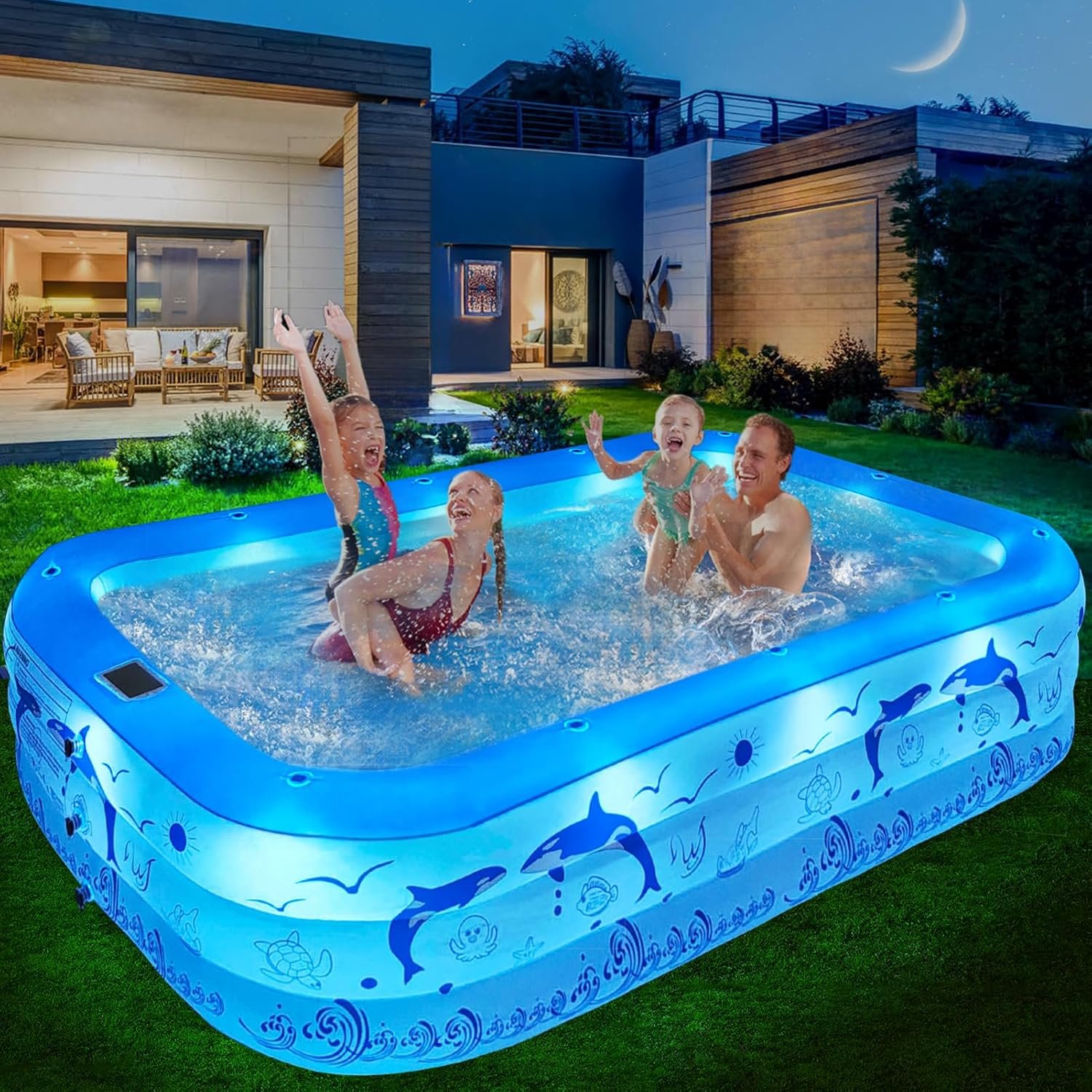 StarOcean 2026 Upgrade Inflatable Pool with Lights, Family Inflatable Swimming Pool for Kids,Adults,Blow Up Pool Solar Powered,Large Kiddie Pool,100″x63″x20″Oversized Thickened Pool for Backyard-Blue