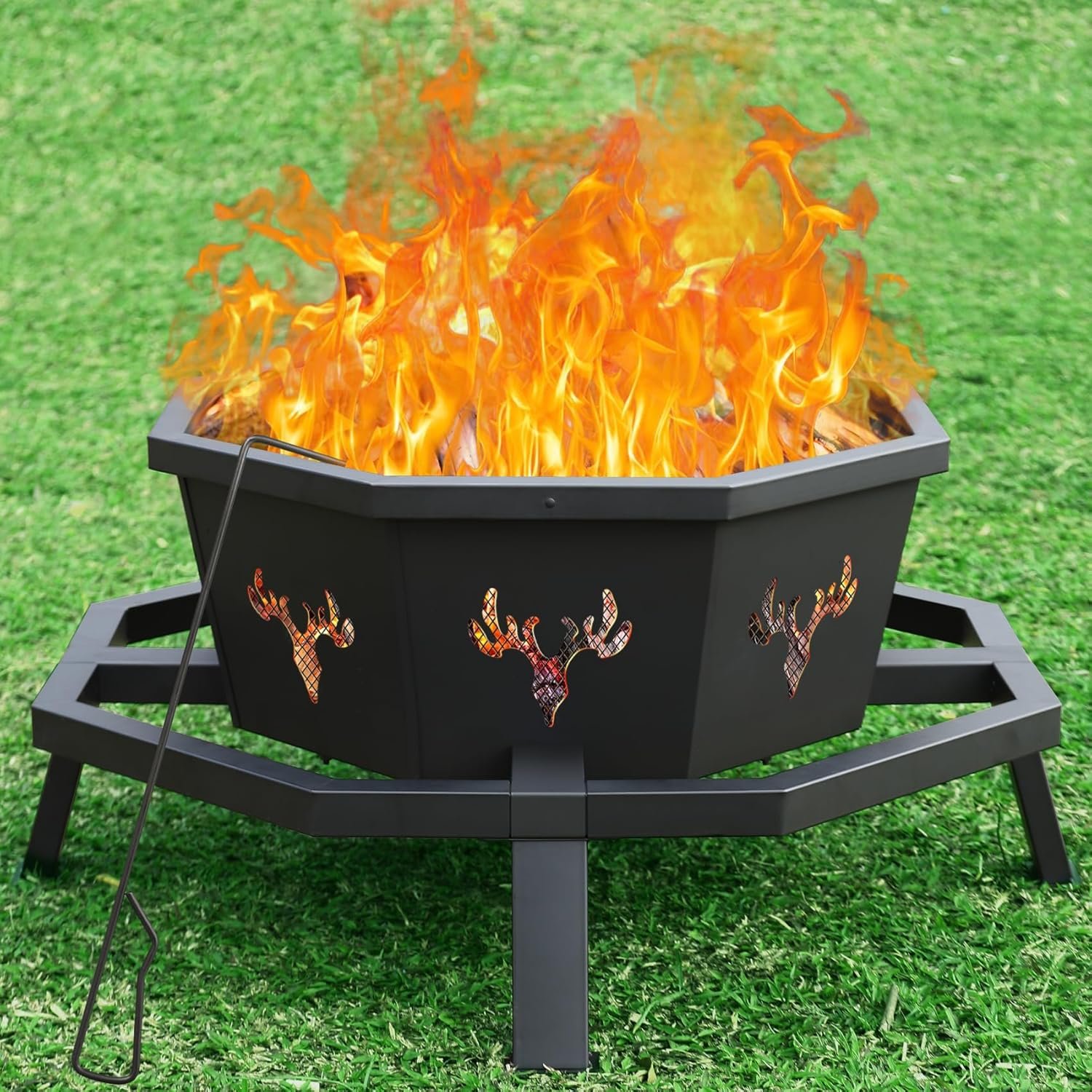 BOINN 35 Inch Octagonal Outdoor Fire Pit, Fire Pits for Outside Wood Burning Fire Pit, Firepit, Firepits for Outside, Camping, Backyard, Patio, Bonfire, Garden, Porch, Black