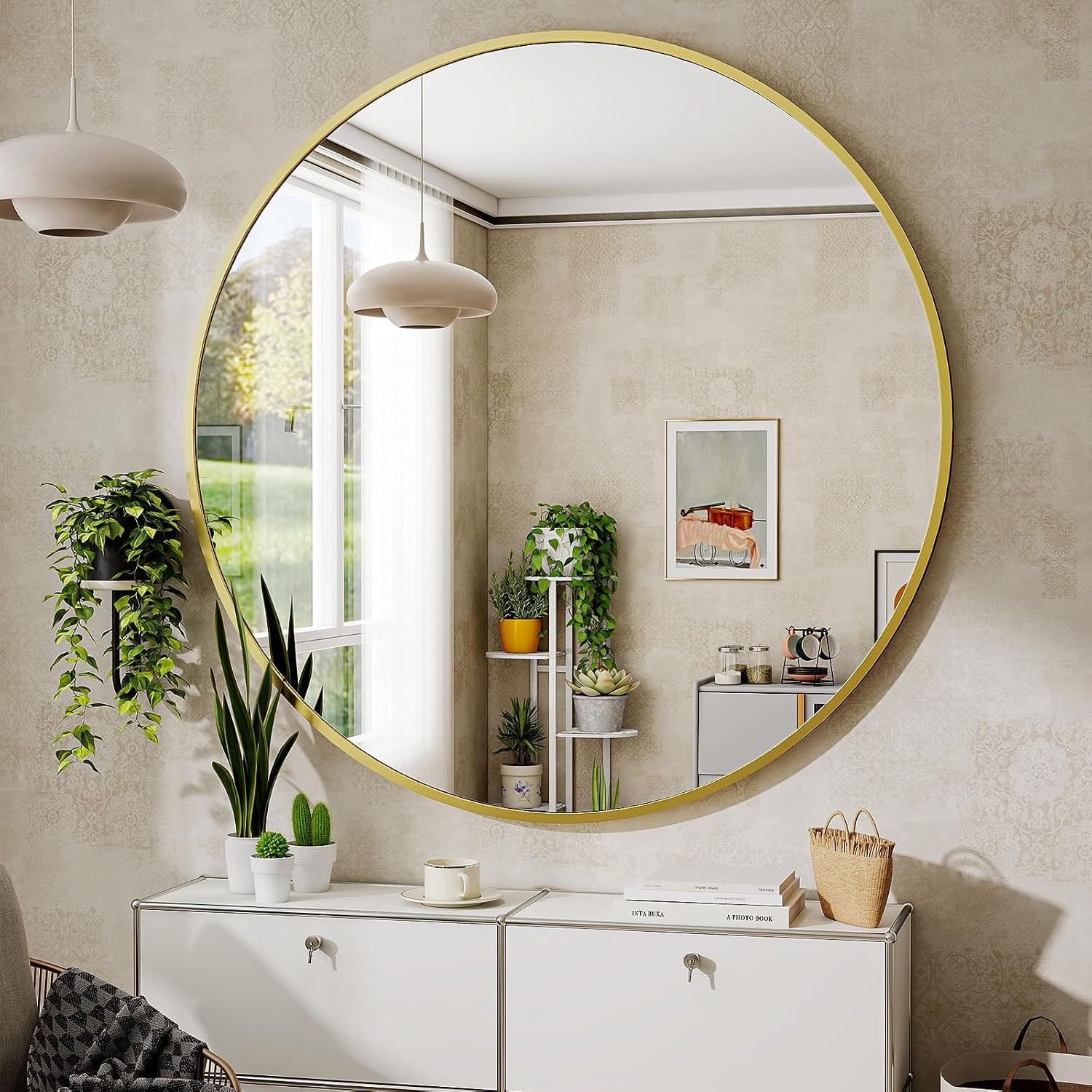 BEAUTYPEAK 24 Inch Round Mirror, Metal Frame Circle Mirror, Gold | Wall Mounted for Entryway, Bathroom, Vanity, Living Room