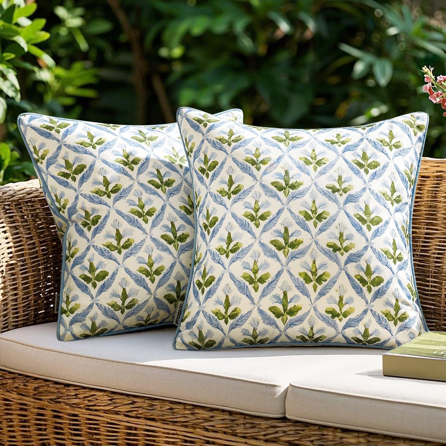 MIULEE Outdoor Floral Pillow Covers Waterproof 18×18 Blue-Green | Decorative Block Print,Boho Farmhouse, Set of 2 Coastal Summer Cushion Covers with Piping,Garden Patio Furniture Porch Couch