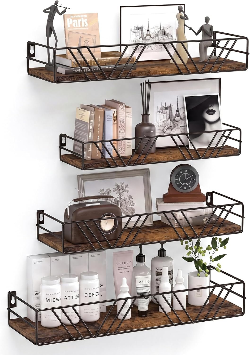 Floating Shelves for Wall, 4 Sets Rustic Shelf with Metal Frame | Wall Shelves for Room Wall, Hanging Storage Shelf Set for Bedroom, Living Room, Bathroom, Kitchen, Home Decor, Brown