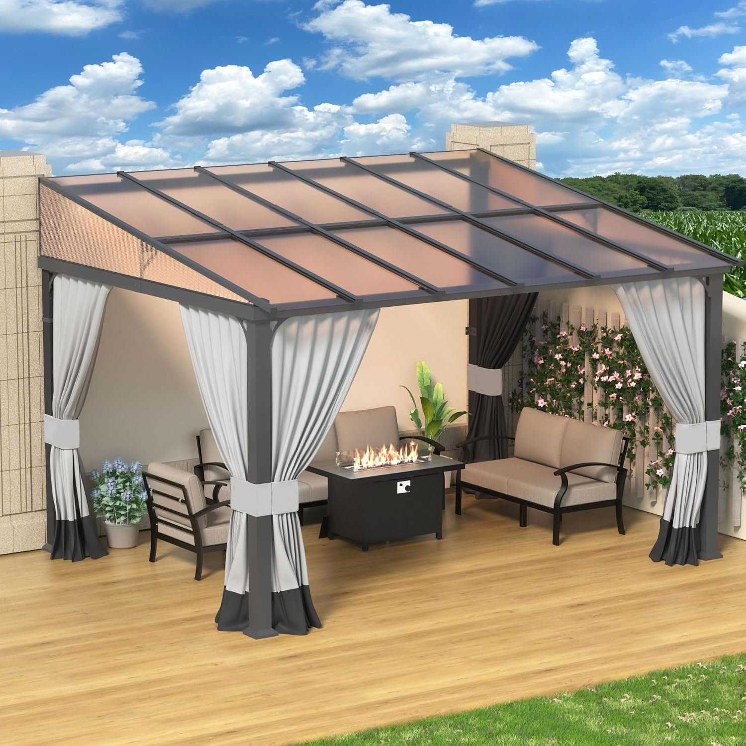 10′ x 12′ Lean to Gazebo,Large Wall Mount Heavy Duty Gazebos Pavilion,Outdoor Hardtop Pergola Shelter with Curtains and Netting,Sunshade for Patio Garden Lawn Backyard Deck,Grey