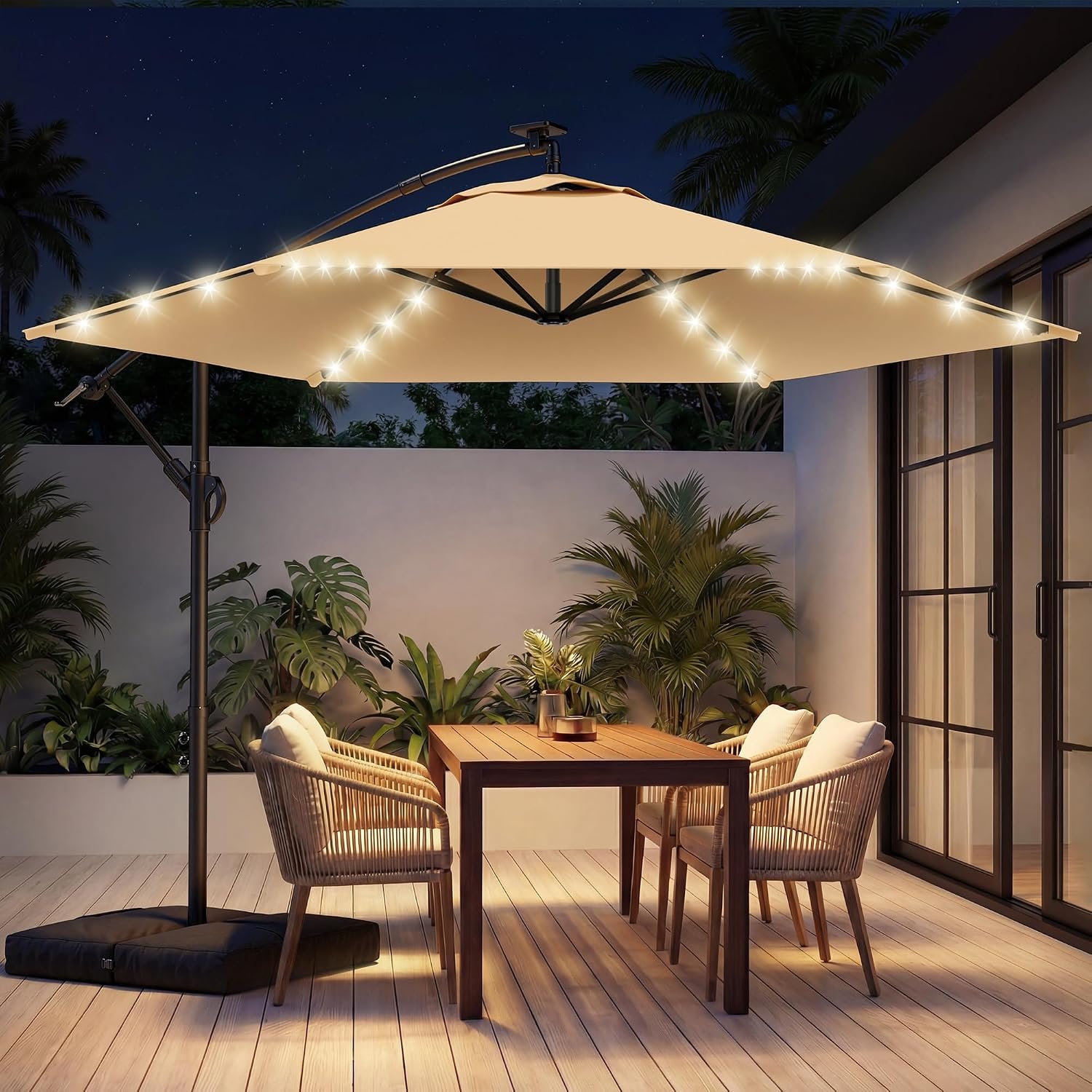 10FT Solar Offset Patio Umbrella with Base Included, 5 Year Fade-Resistant | 45° Easy Tilt Crank, 30MPH Wind-Resistant, Cantilever Hanging Umbrellas for Pool, Deck, Patio (Beige)