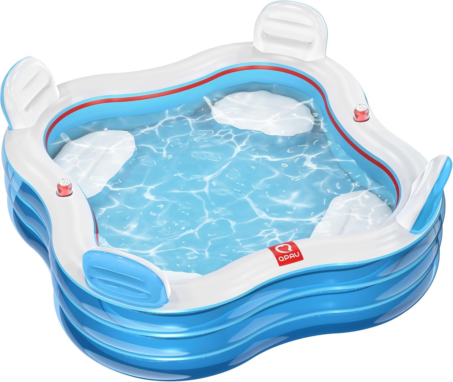 QPAU Inflatable Swimming Pool, Full-Sized Blow Up Pool with Seats and Backrests, Kiddie Pool for Outdoor & Backyard, for Family Summer Time Fun, See-Through Blue