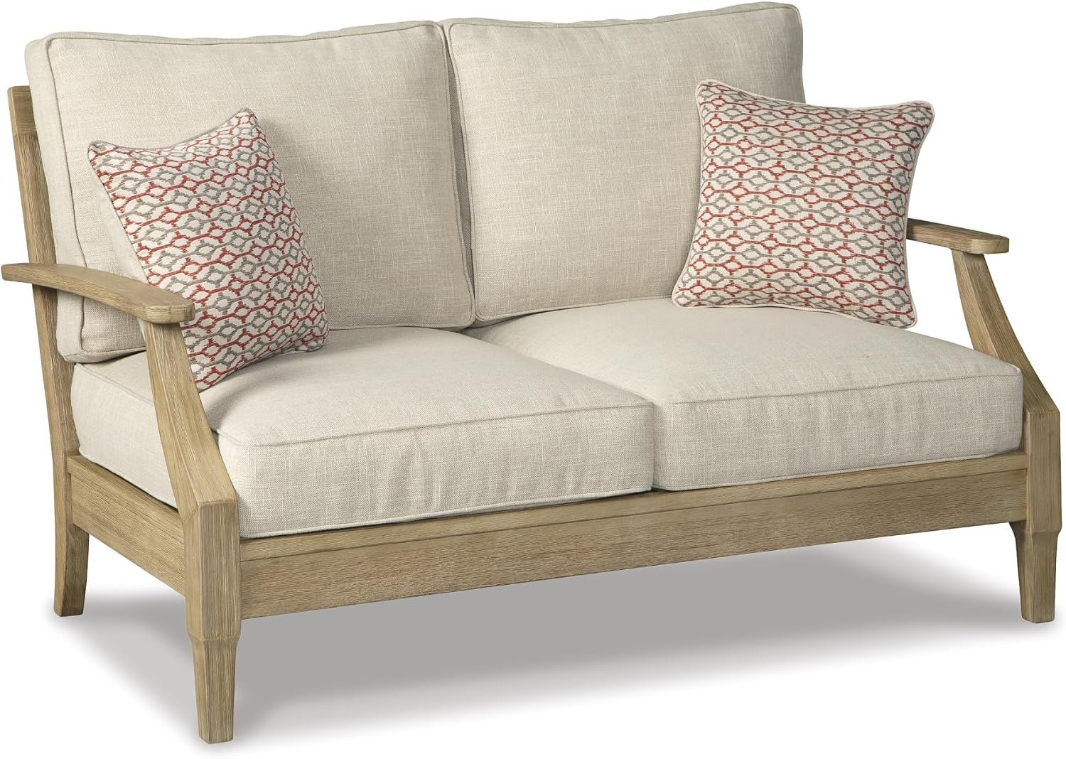 Signature Design by Ashley Clare View Outdoor Loveseat with Cushion, Beige | Eucalyptus wood frame, 5-step protective coating, Nuvella performance fabric, Compact balcony furniture, 2 throw pillows