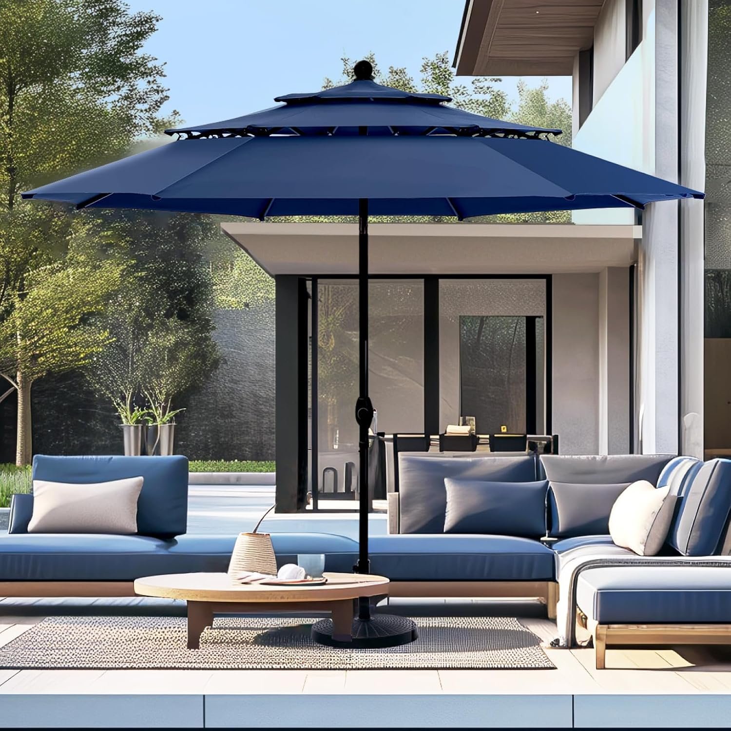 PHI VILLA 10ft Outdoor Patio Umbrellas, 3 Tier Vented Table Umbrella, Navy | Auto-Tilt, 1.5″ Pole, Triple Vented, 8 Sturdy Ribs, Windproof, UV Resistant, Reinforced Frame, for Deck, Lawn Poolside Garden