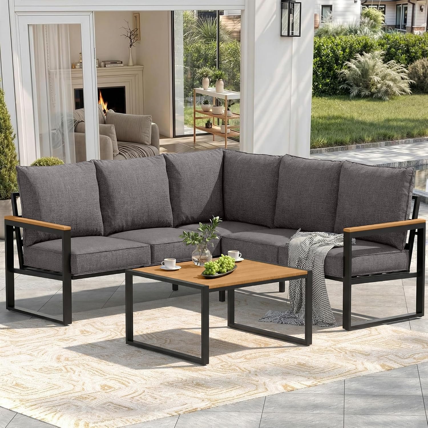 Metal Patio Furniture Set, 6 Pieces Outdoor Sectional Sofa Set with Side Table, L Shape Patio Conversation Set with Faux-Wood Tabletop, Outdoor Couch for Balcony, Porch, Backyard, Grey