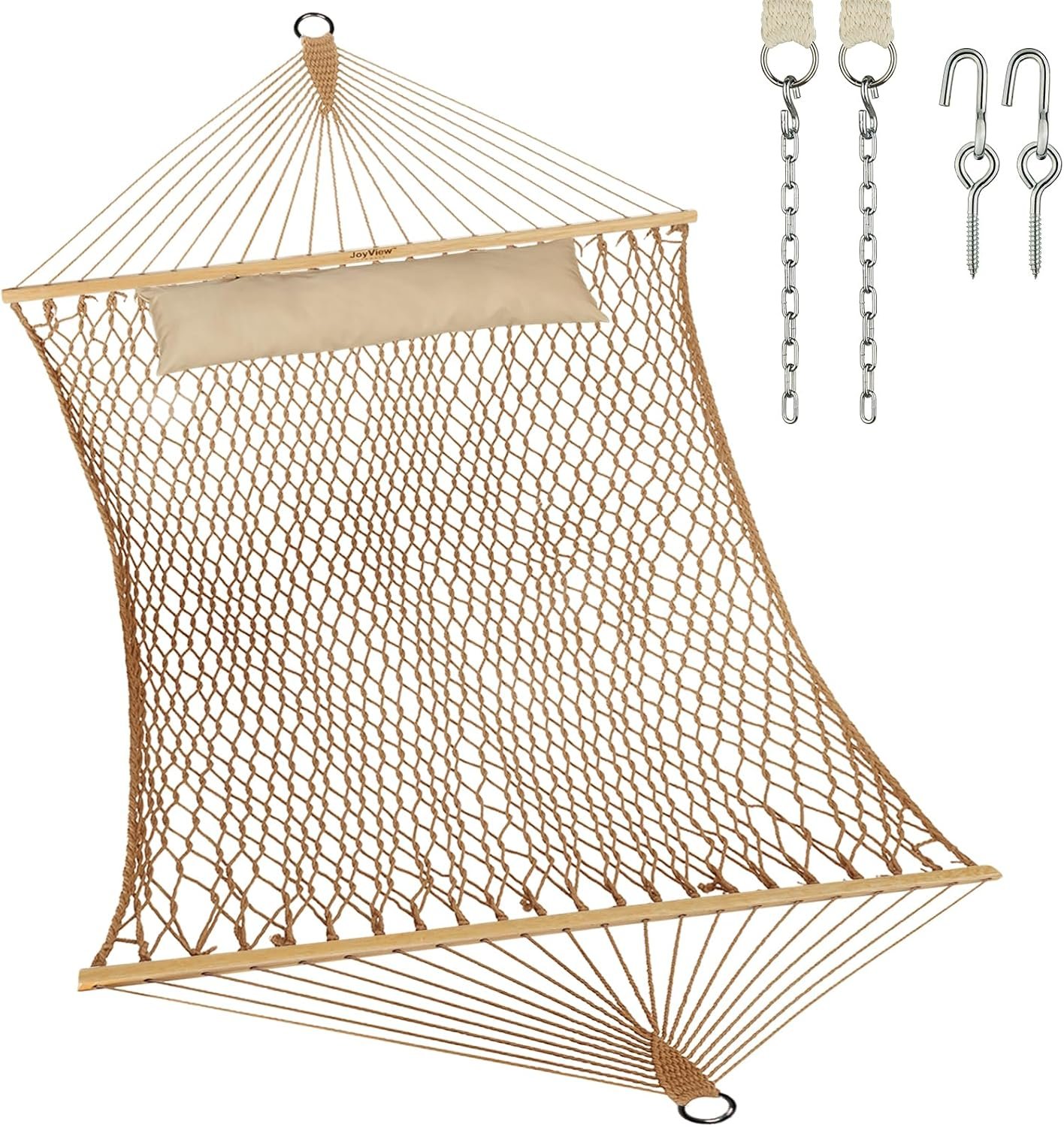 JoyView Traditional Rope Double Hammock – Hand Woven Cotton Hammock with Hardwood Spreader Bar and Pillow 450lb Capacity for Outdoor Indoor Patio Yard – Brown