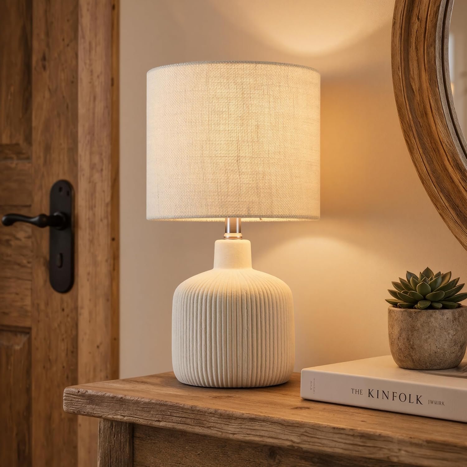 Ceramic Table Lamp, Off-White, 17.75″ | Rustic Farmhouse, Beige Linen Shade, Warm Ambient Lighting, Bedside Nightstand
