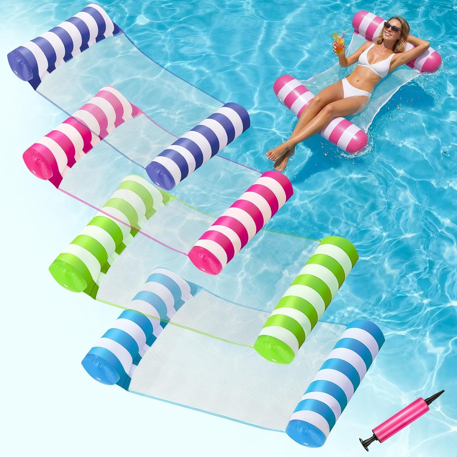4 Pack Inflatable Pool Floats, OKSUWATER 4-in-1 Water Hammock, Pool Floats Adult Size for Swimming Pool Party Summer Lake Water Fun
