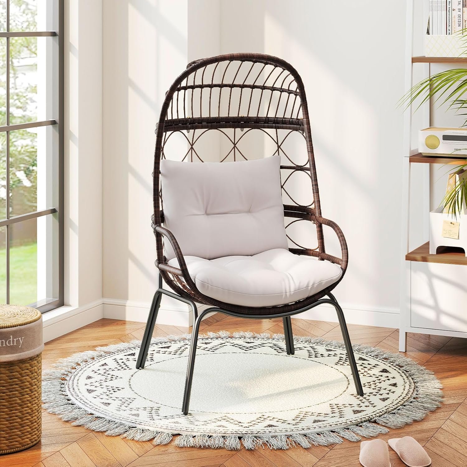 Tangkula Narrow Wicker Egg Chair Outdoor, Patio Rattan Lounge Basket with Seat & Back Cushions, Metal Indoor Outdoor Leisure Sofa Cocoon Chair for Bedroom, Backyard, Balcony, 400 lbs Max Load