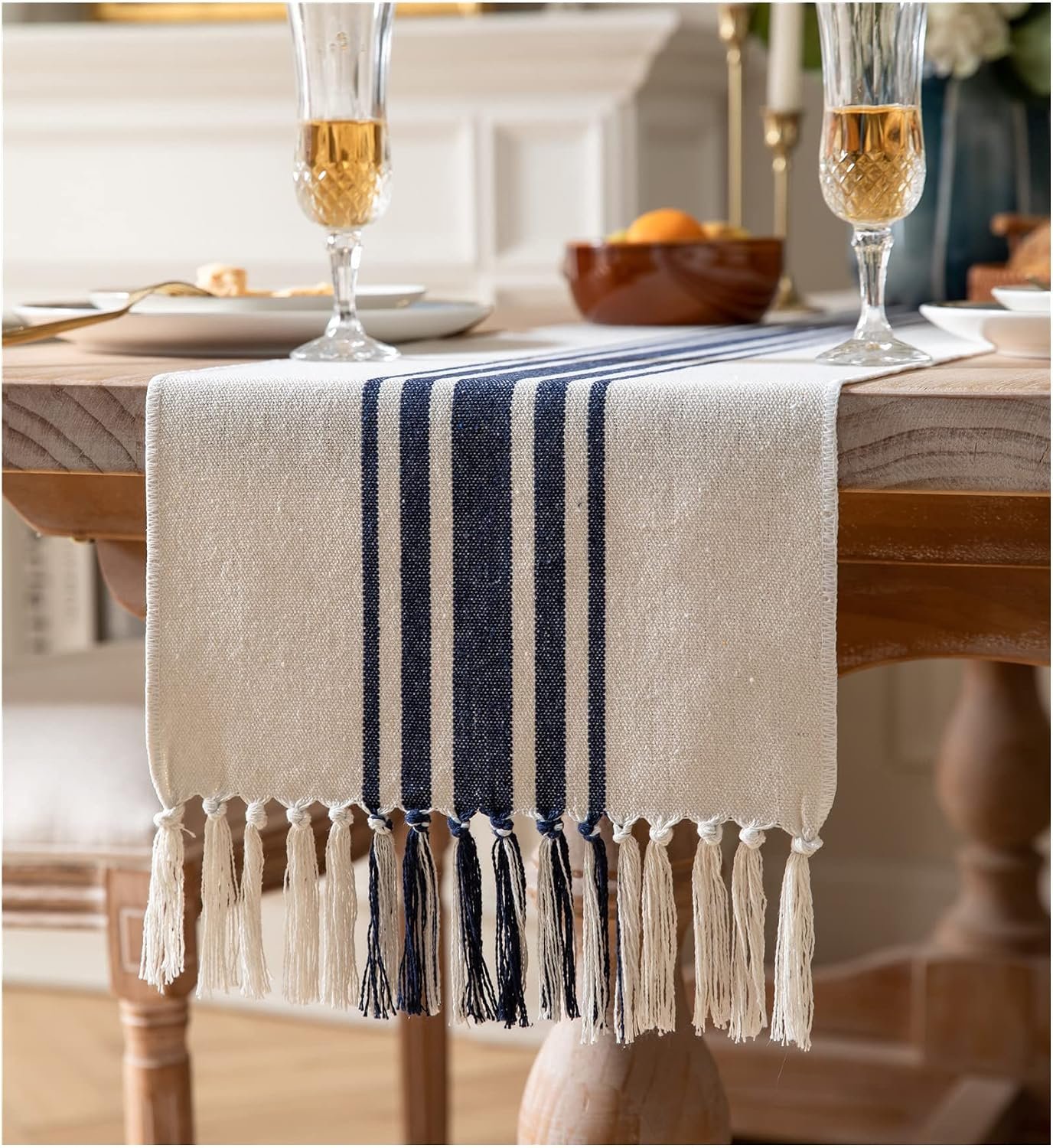 Boho Table Runner for Modern Farmhouse Decor, Dining Table décor 13 x 72 Inch Long with Handcrafted Tassels, Navy Blue and Beige Stripe Table Runner for Home Boho décor