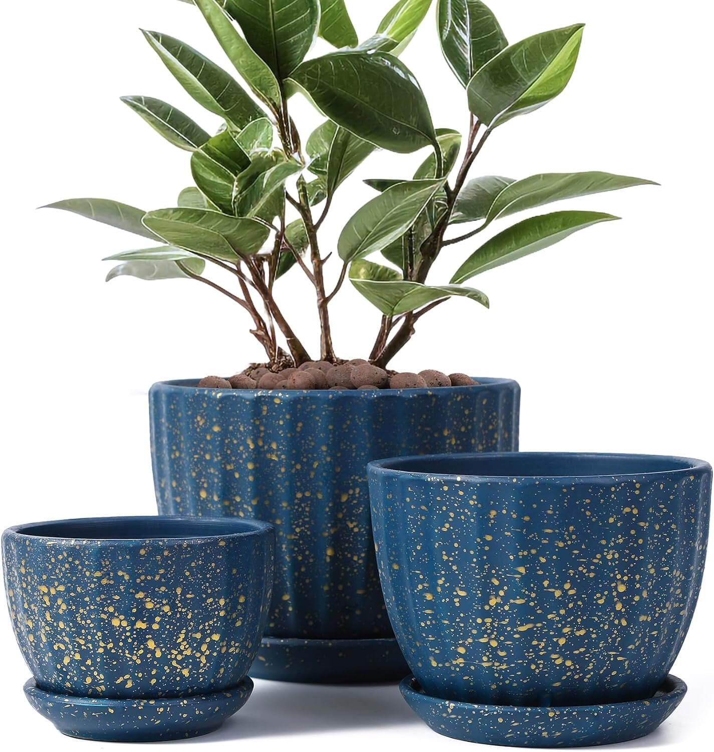Ceramic Plant Pots with Saucers, Round Blue Flower Pots for Indoor Plant | Small Flower Planters with Drainage Holes, Diameter 3.3/4.3/5.5 Inches, Set of 3