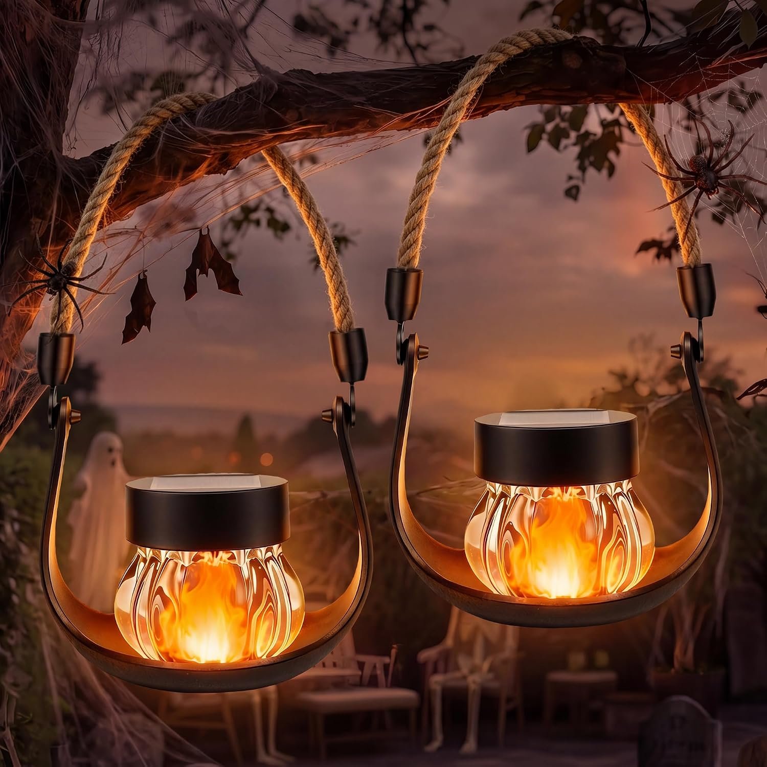 Solar Lantern with Flickering Flame, 2 Pack Solar Halloween Lights | Solar Powered & 2-in-1 Type-C Dual Cable, IP44 Waterproof, Hanging Lantern, Outdoor Indoor Party Yard Halloween Decor