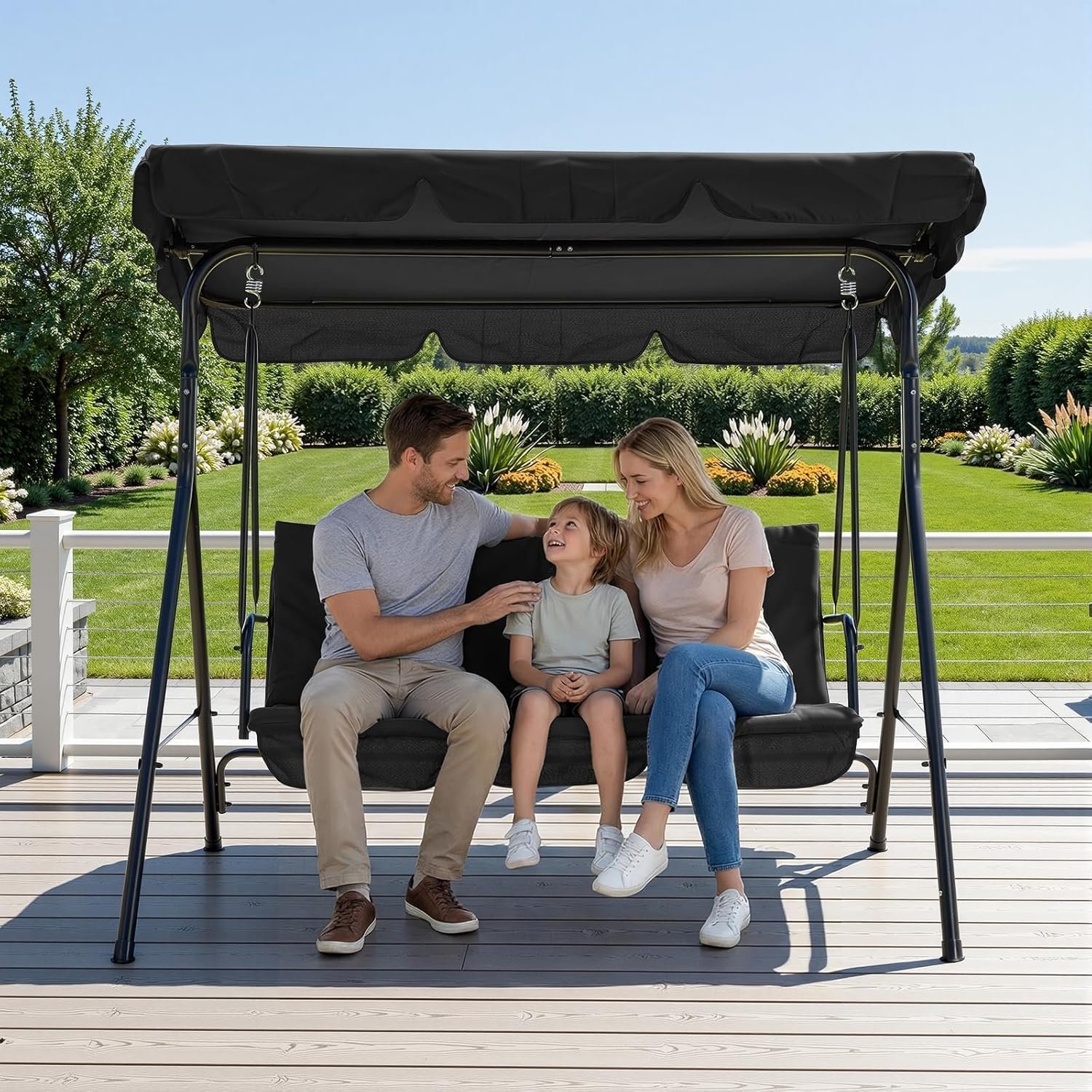 GarveeLife 3-Person Outdoor Porch Swing Chair with Adjustable Canopy, Breathable Fabric Seat and Backrest, Armrests, Heavy-Duty Frame, 600 lbs Capacity, for Patio, Backyard or Garden, Black