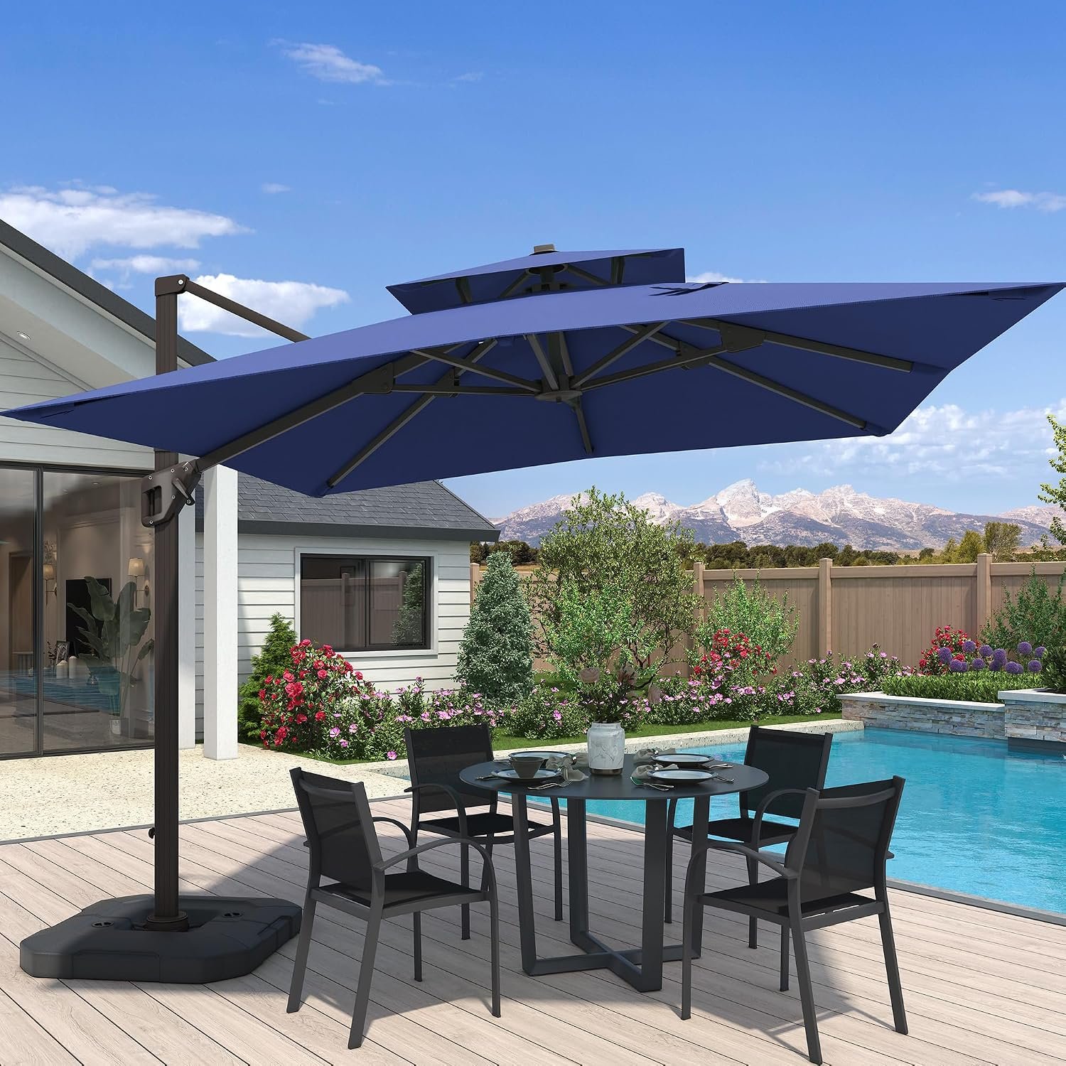 10×10 FT Cantilever Patio Umbrella with Base Included Double Top Outdoor Square Large Heavy Duty Aluminum Offset Umbrellas with 7 Level Tilt 360-degree Rotation for Pool Garden Deck,Navy