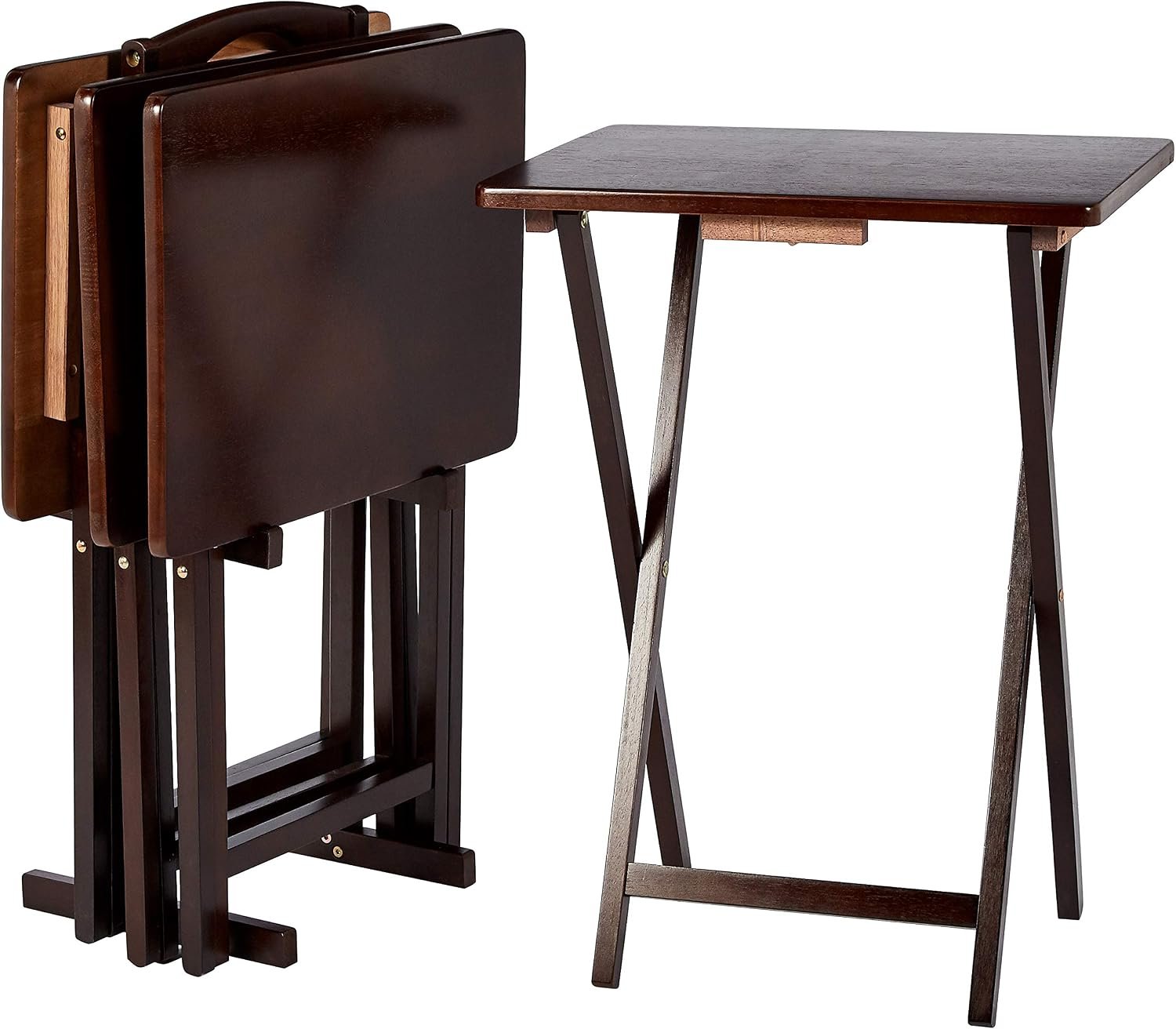 Amazon Basics Portable Foldable TV Tray Table with Storage Rack, Space-Saving Design, Sturdy Wood, 14.6″ L x 19″ W x 26″ H, Espresso, 4-Pack