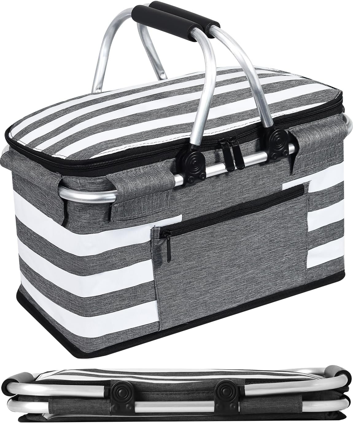 Insulated Picnic Basket,Leak-Proof Collapsible Cooler Bag,26L Grocery Basket with Lid,2 Sturdy Handles,Storage Basket for Picnic,Food Delivery,Take Outs,Market Shopping,Travel (Gray)