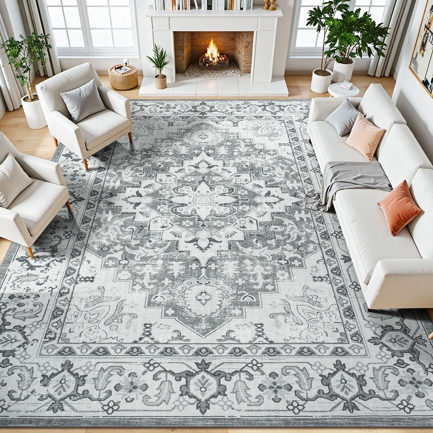 8 x 10 Area Rugs for Living Room, Washable Rug Faux Wool Grey White | Boho Low Pile Area Rug for Bedroom, Floral Medallion Vintage Carpets with Non-Slip Rubber, Kids Pet Friendly, Fit All Vacuums