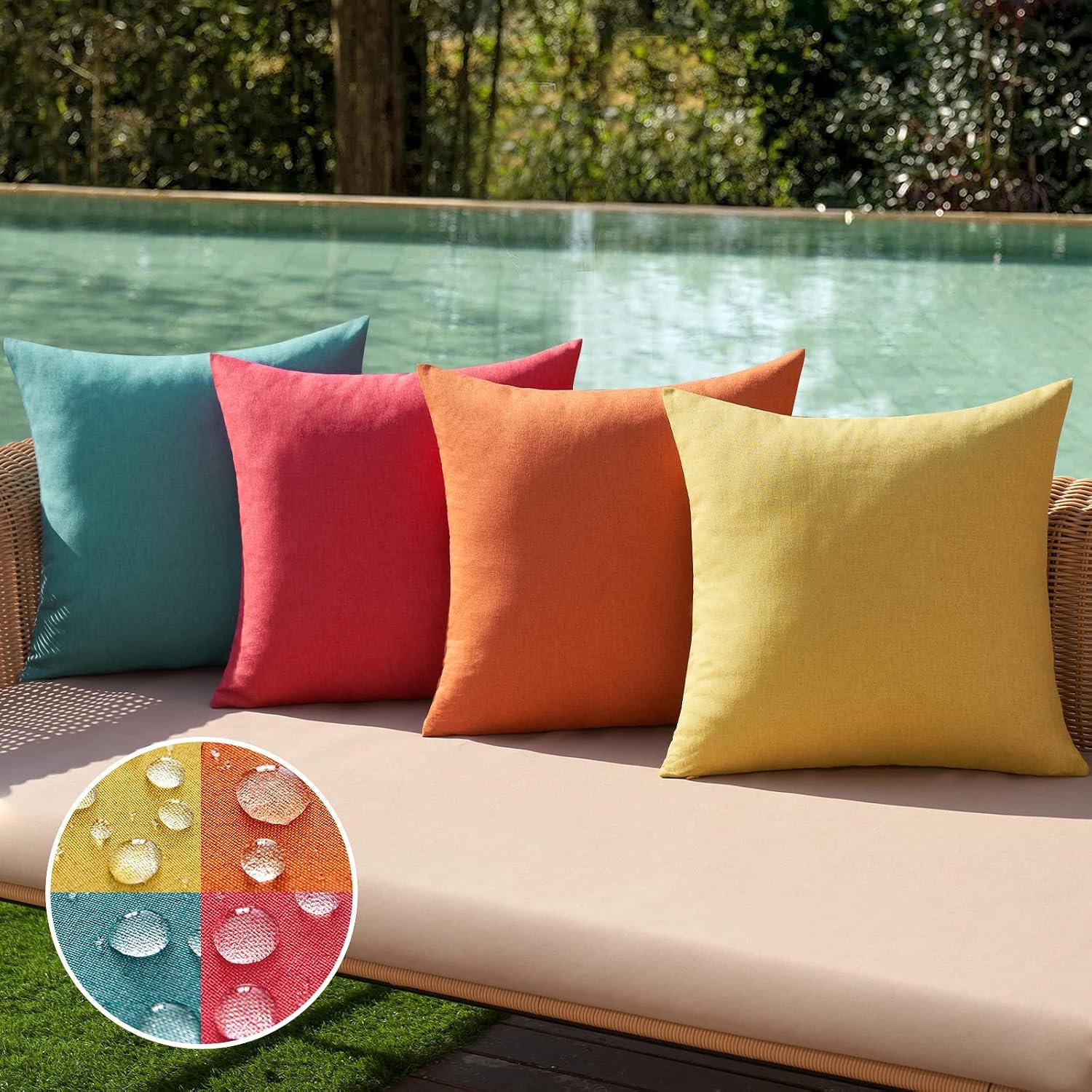 MIULEE Pack of 4 Decorative Outdoor Throw Pillow Covers Linen Waterproof Pillow Covers Summer Farmhouse Cushion Cases for Patio Garden Tent Balcony Couch Sofa 18×18 Inch Red/Turquoise