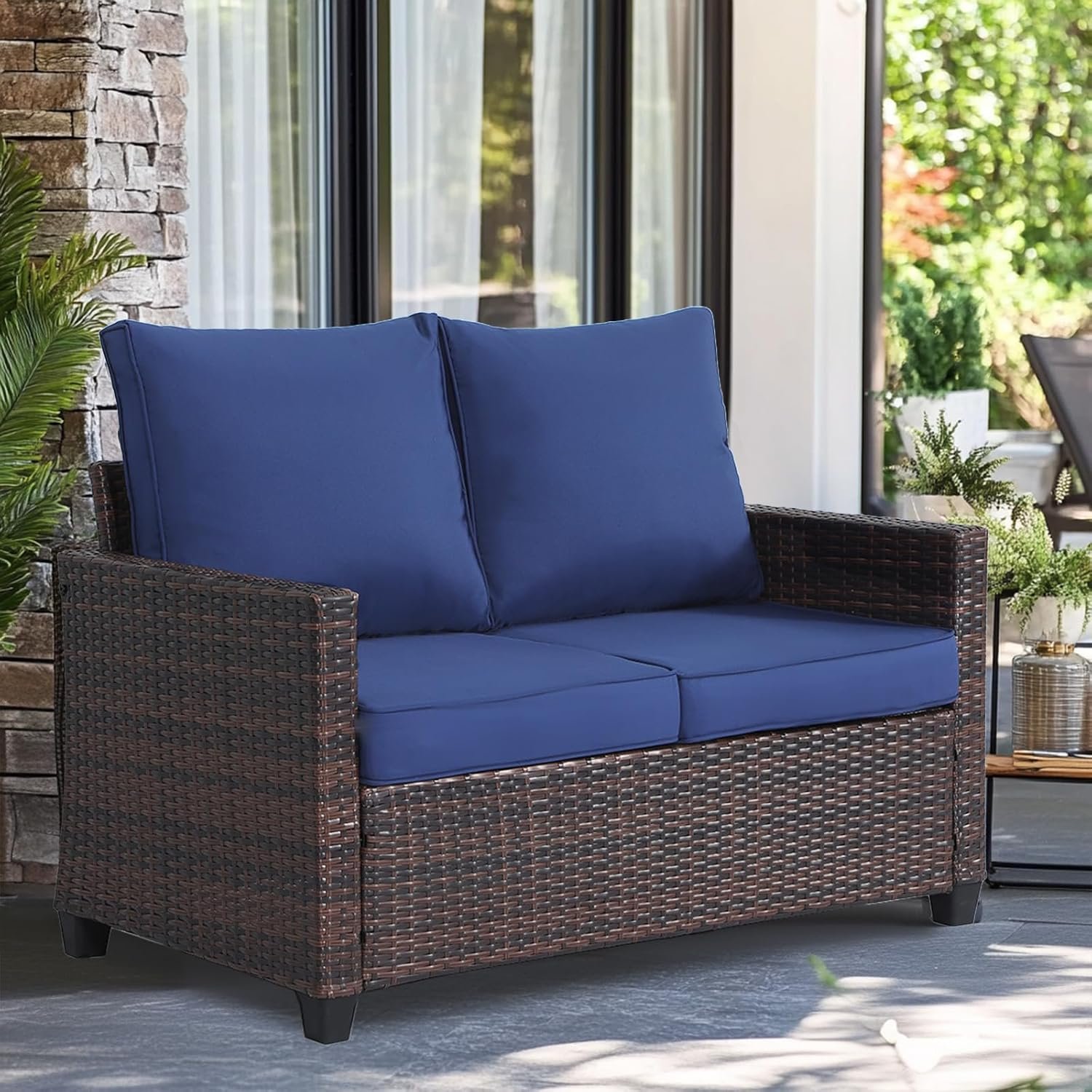 EortheX Patio loveseat 2-Seat Rattan Wicker Sofa,Blue,for Deck Garden | All-weather outdoor loveseat,Removable thick cushion,Washable covers,Rust-resistant frame,Easy assembly