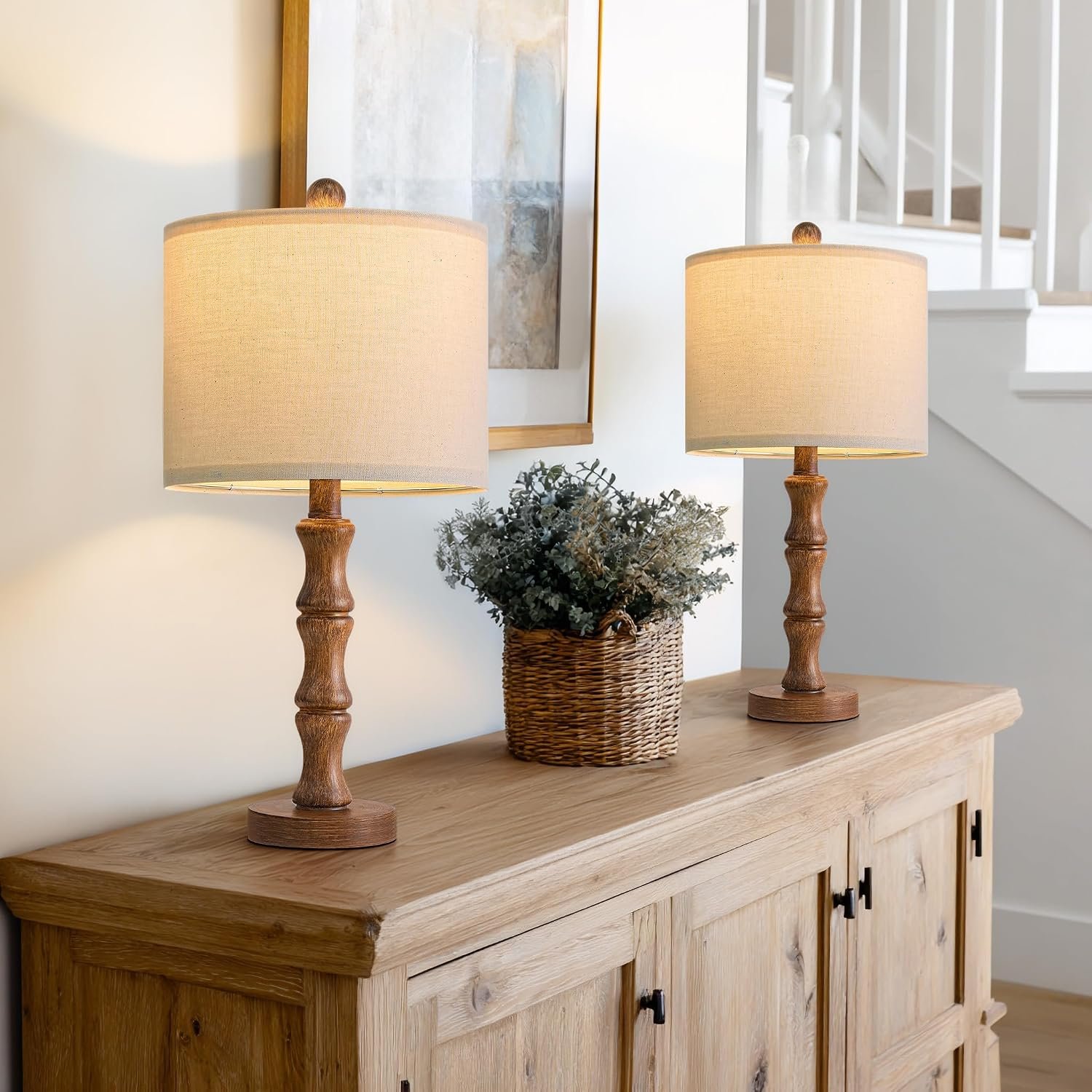 BOBOMOMO 20.5″ Rustic Table Lamps Set of 2, Farmhouse Nightstand Lamp with Wood Grain Resin Base & Linen Shade, Small Bedside Lamp for Bedroom, Living Room & Apartment Décor- Ideal for Small Spaces
