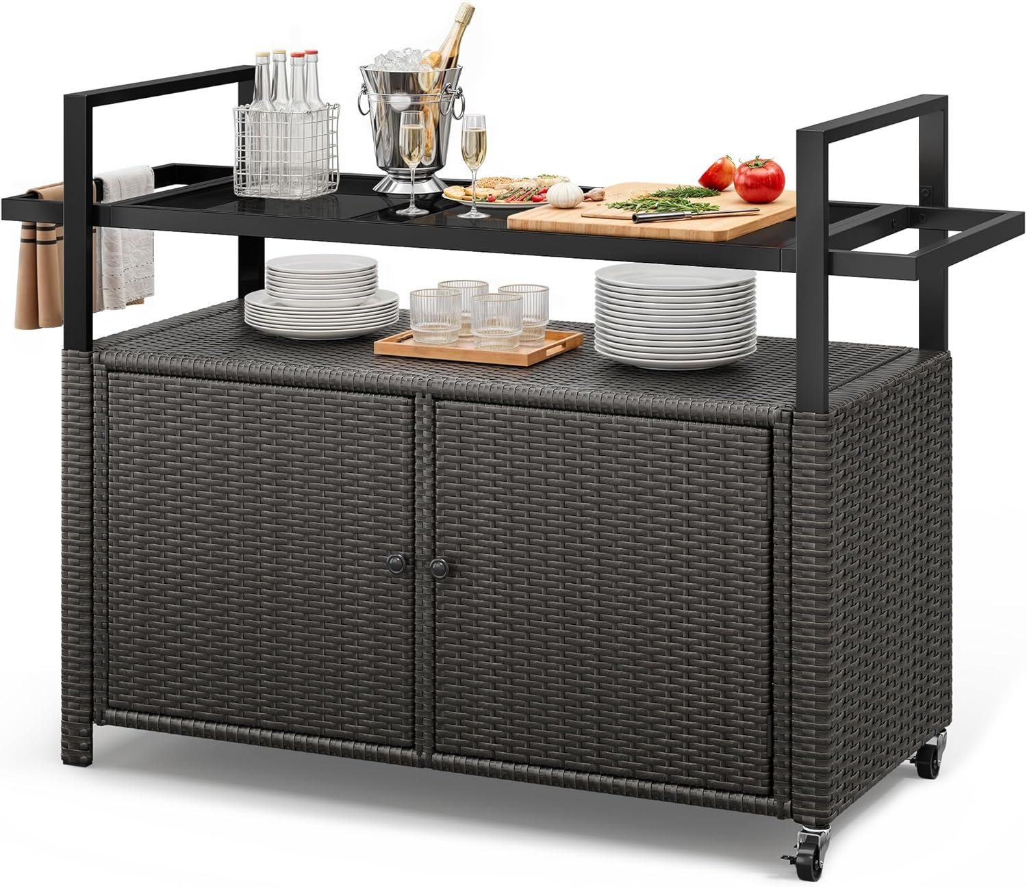 YITAHOME XL Outdoor Wicker Table with Storage Cabinet, Glass Table Top | Bar Cart for Patio Kitchen for Poolside and Backyard(Dark Brown)