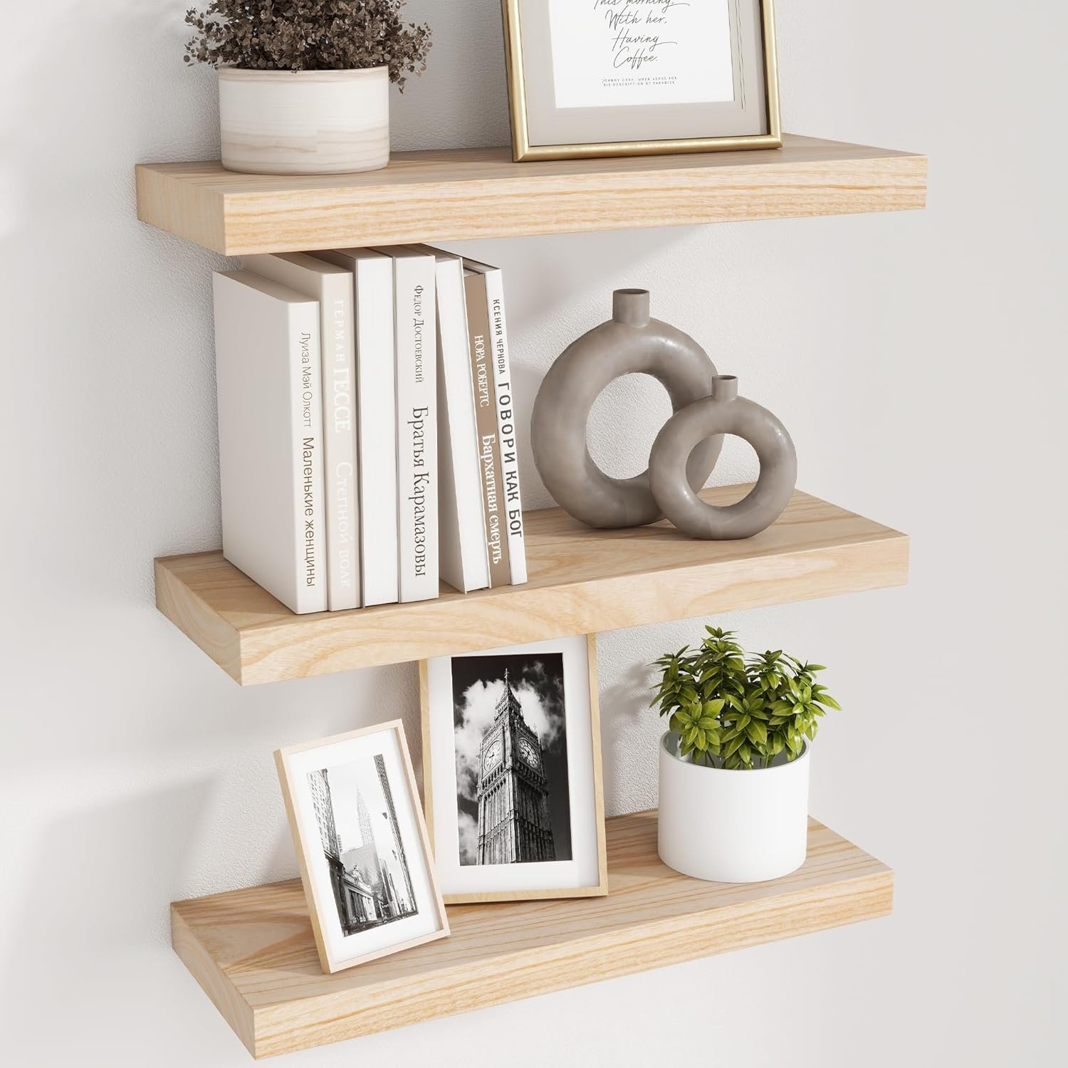 fuqing Natural Wood Floating Shelves, 17 Inch Wooden Wall Shelves Set of 3 | 6.7 Inch Deep Natural Wooden Shelves for Bathroom Living Room, Lightweight, 30LBS, Hardware Included, Waterproof Finish