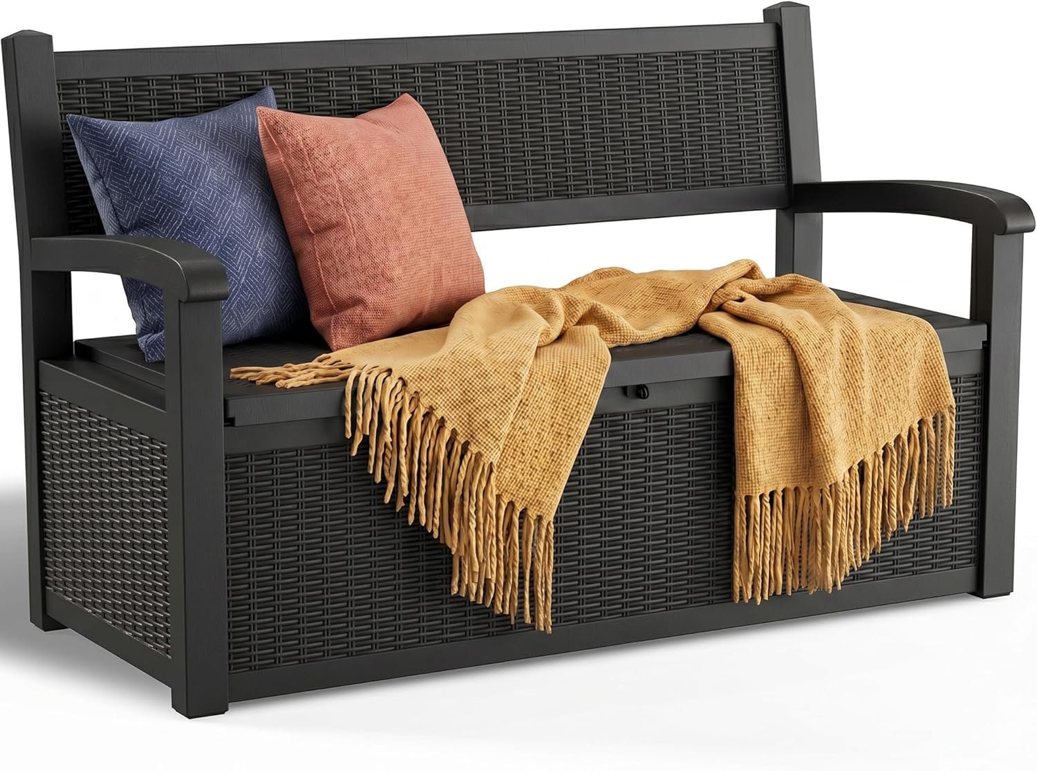 Storage Bench Outdoor Deck Box,100 Gallon Waterproof & UV Resistant Lockable Patio Furniture Seating.Indoor/Outdoor Shoe Storage Cabinet for Garden Cushions,Tools,Patio,Pool Supplies(Black)