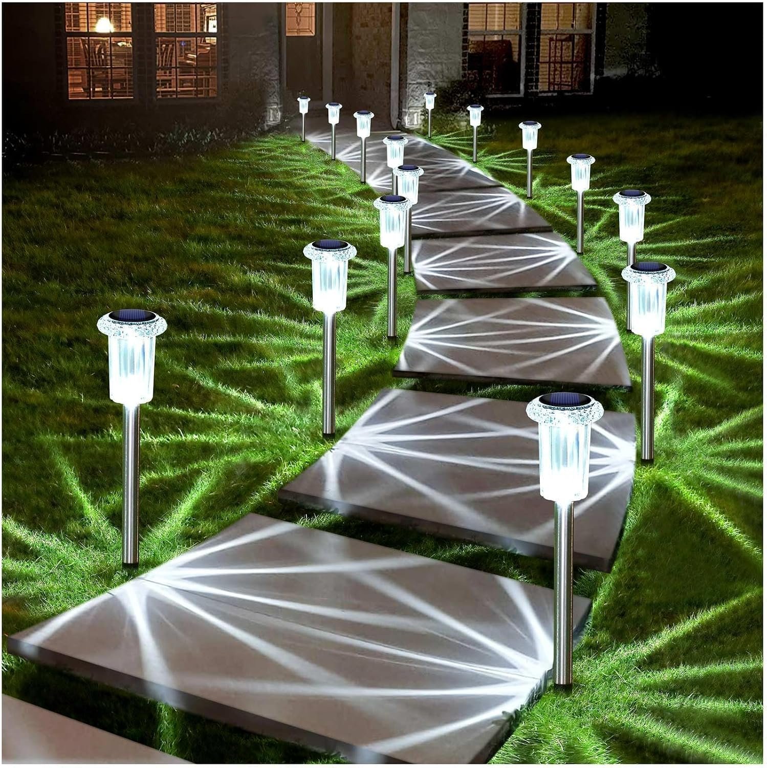 DenicMic Solar Lights Outdoor 10 Pack Waterproof 6000K Cold White LED Stainless Steel Stake Outside Lights for Yard Pathway Garden Driveway Walkway Landscape Path Lighting