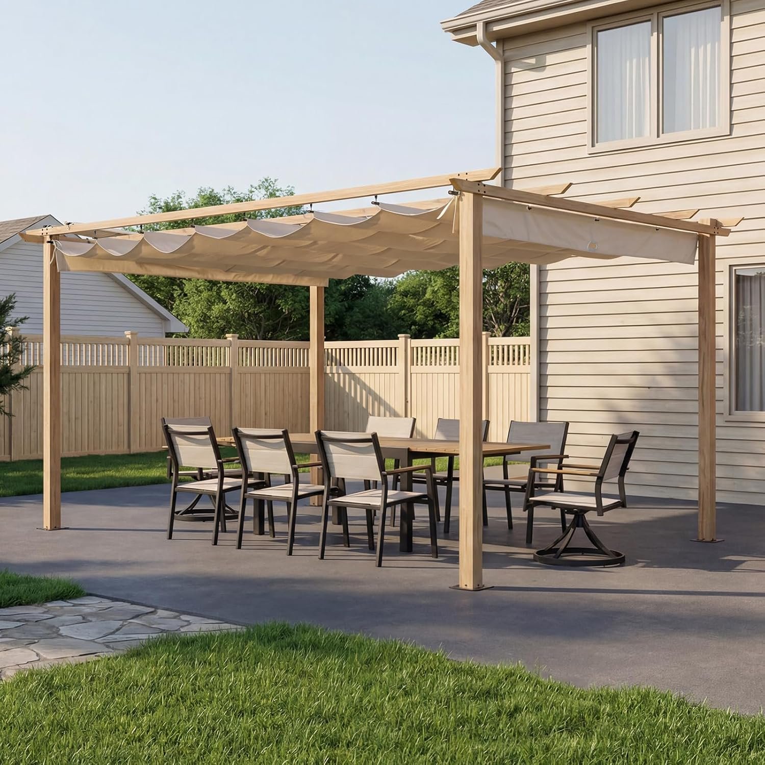 10′ X 13′ Outdoor Pergola with Retractable Canopy, Wood-Grain Aluminum Outdoor Retractable Pergola Canopy with Sun Shade Shelter, Modern Yard Grape Trellis Pergola for Deck Garden Lawn, Beige