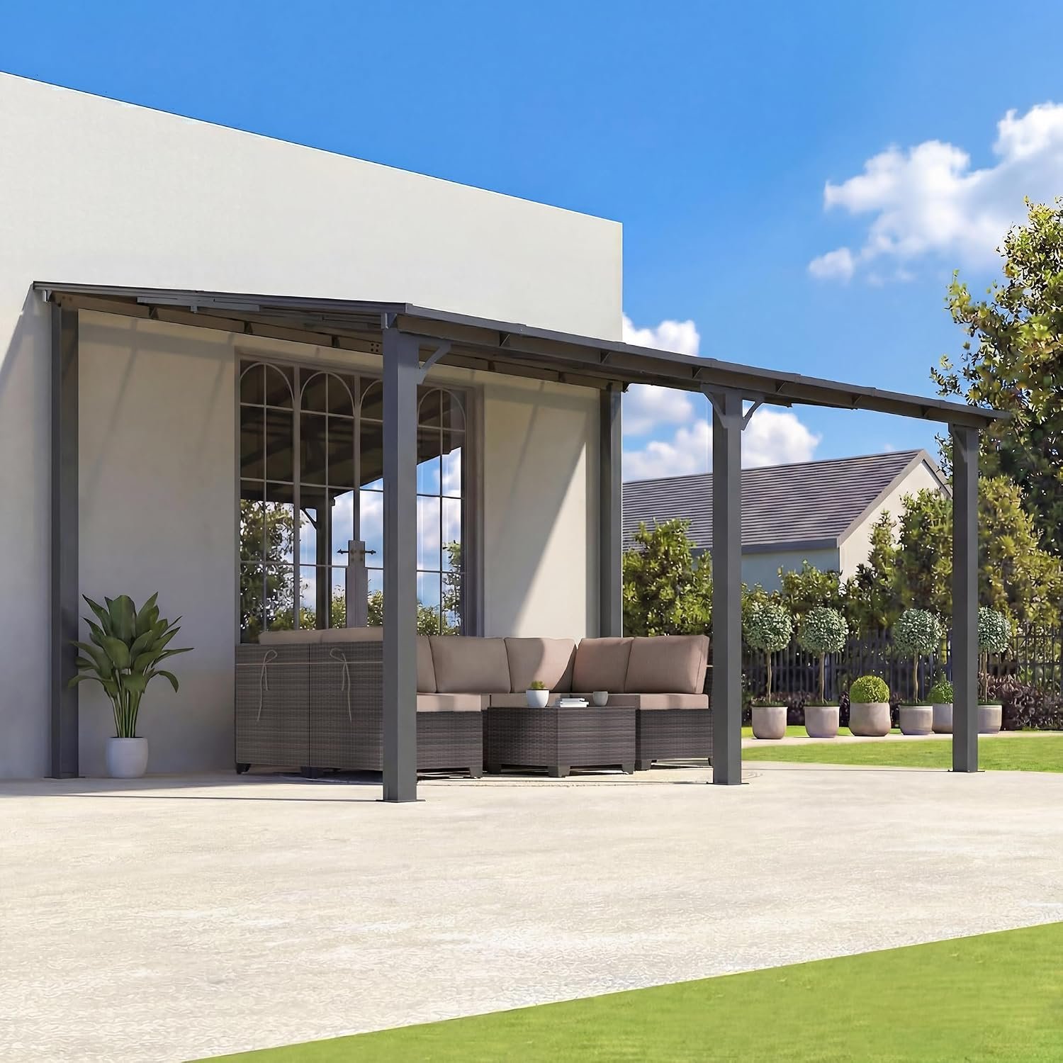 Gotland 14’x10′ Gazebo for Patio, Lean to Gazebo Sloped Roof, Wall Mounted Heavy Duty Awnings, Galvanized Steel Frame&Hardtop Pergola, Premium Outdoor Pergola for Backyard, Patio, Deck