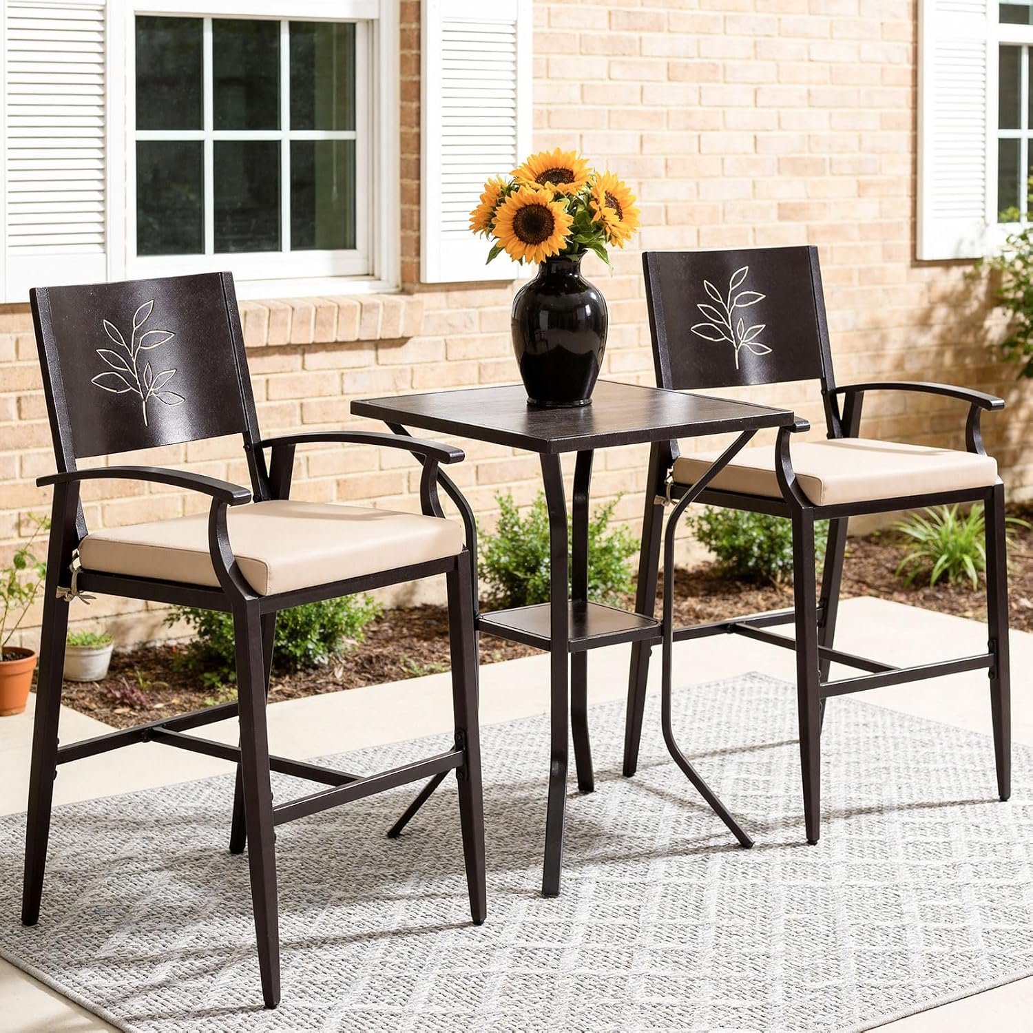 3-Piece Outdoor Bar Set, Bar Height Table and Stools with Stone Crystal Waterproof Top, High Top Table and Chairs with Footrest, Weather-Resistant Metal Frame for Patio, Pool, Backyard