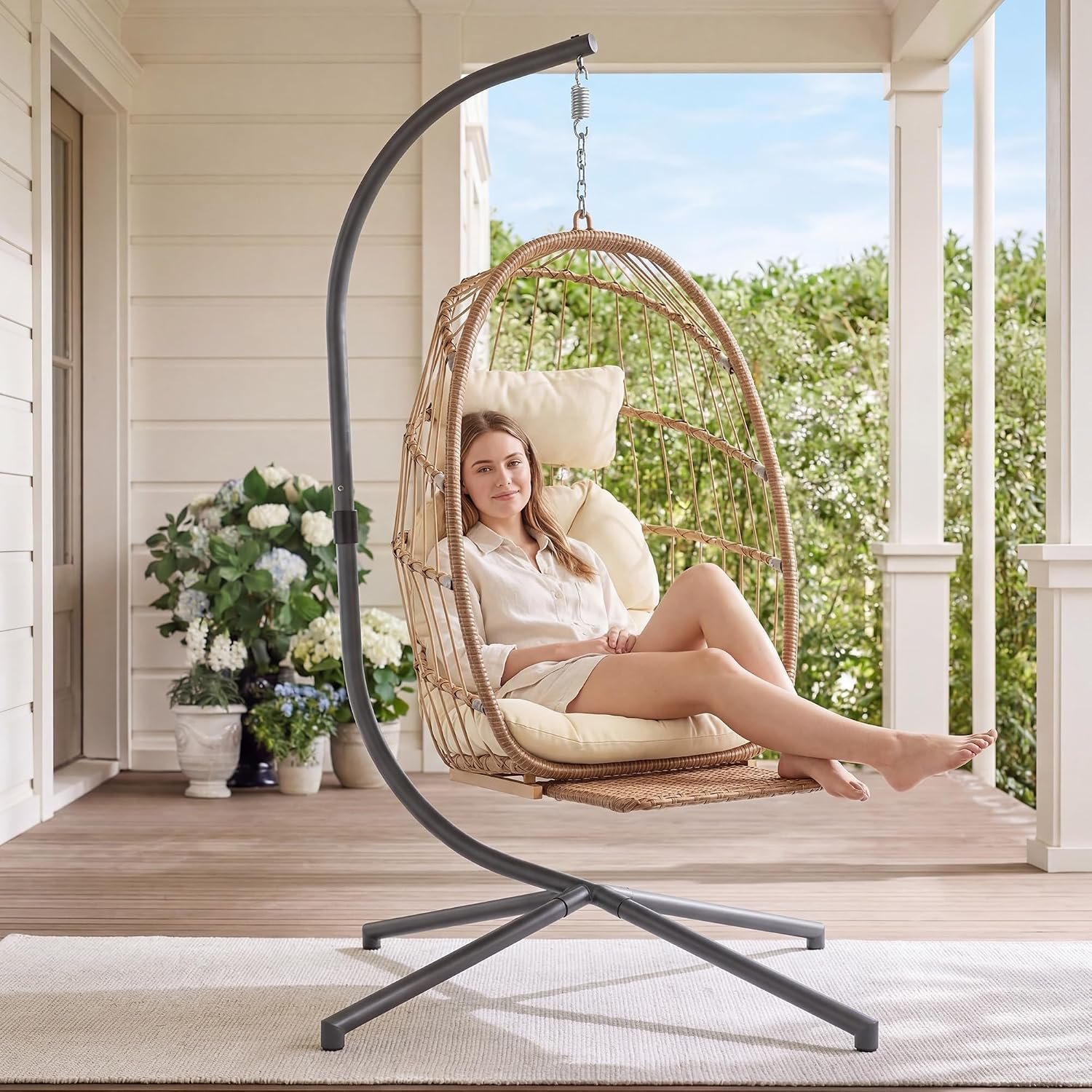 Yechen Hanging Egg Chair with Stand and Footrest for Indoor Outdoor, Beige | Hammock Egg Chairs with Footrest and UV Resistant Cushion for Indoor Bedroom Outdoor Garden Backyard