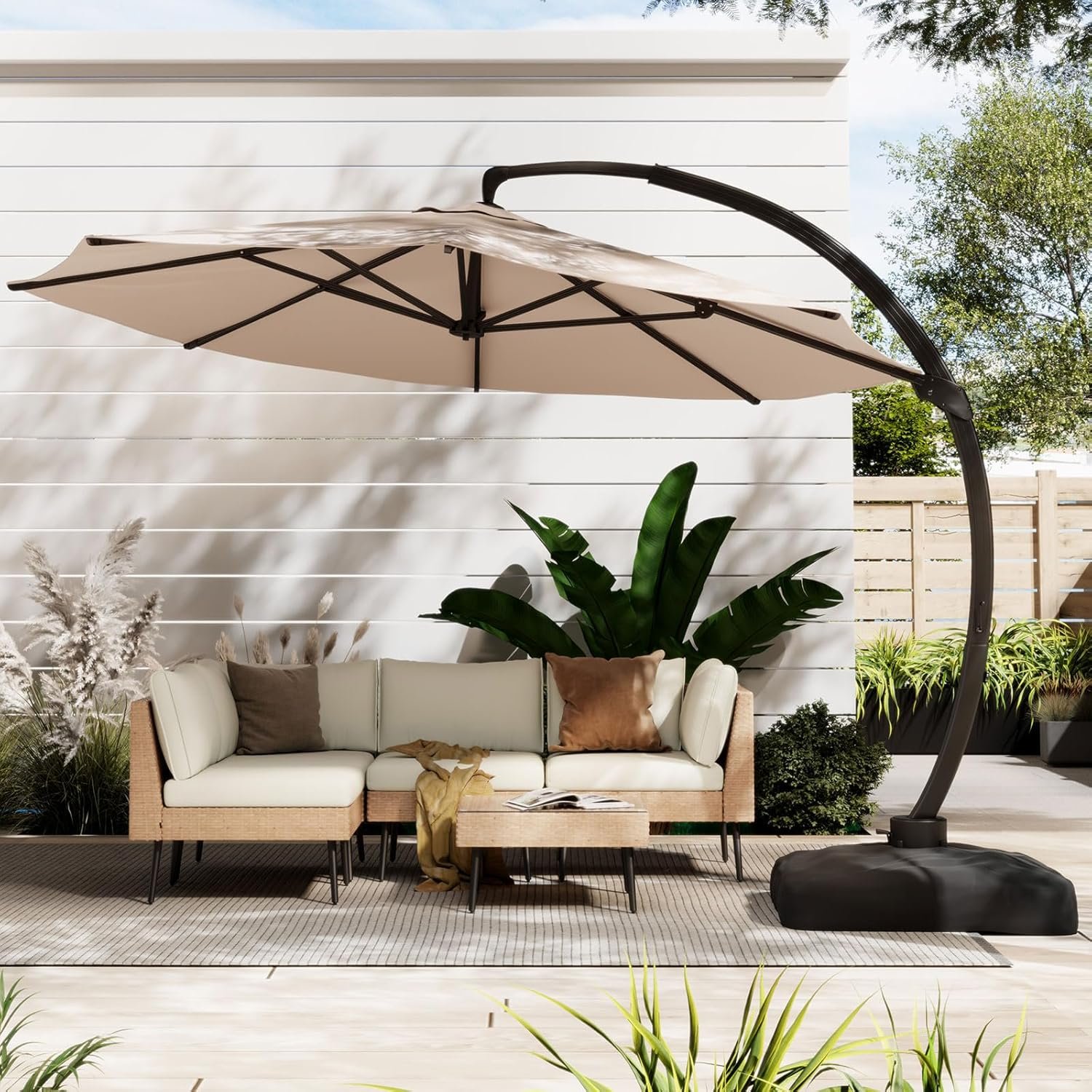 11FT All Aluminum Cantilever Patio Umbrella With Base Included, Champagne | Heavy Duty Outdoor Cantilever, Offset Umbrella with 360°Rotation, for Pool, Deck, Backyard, Garden