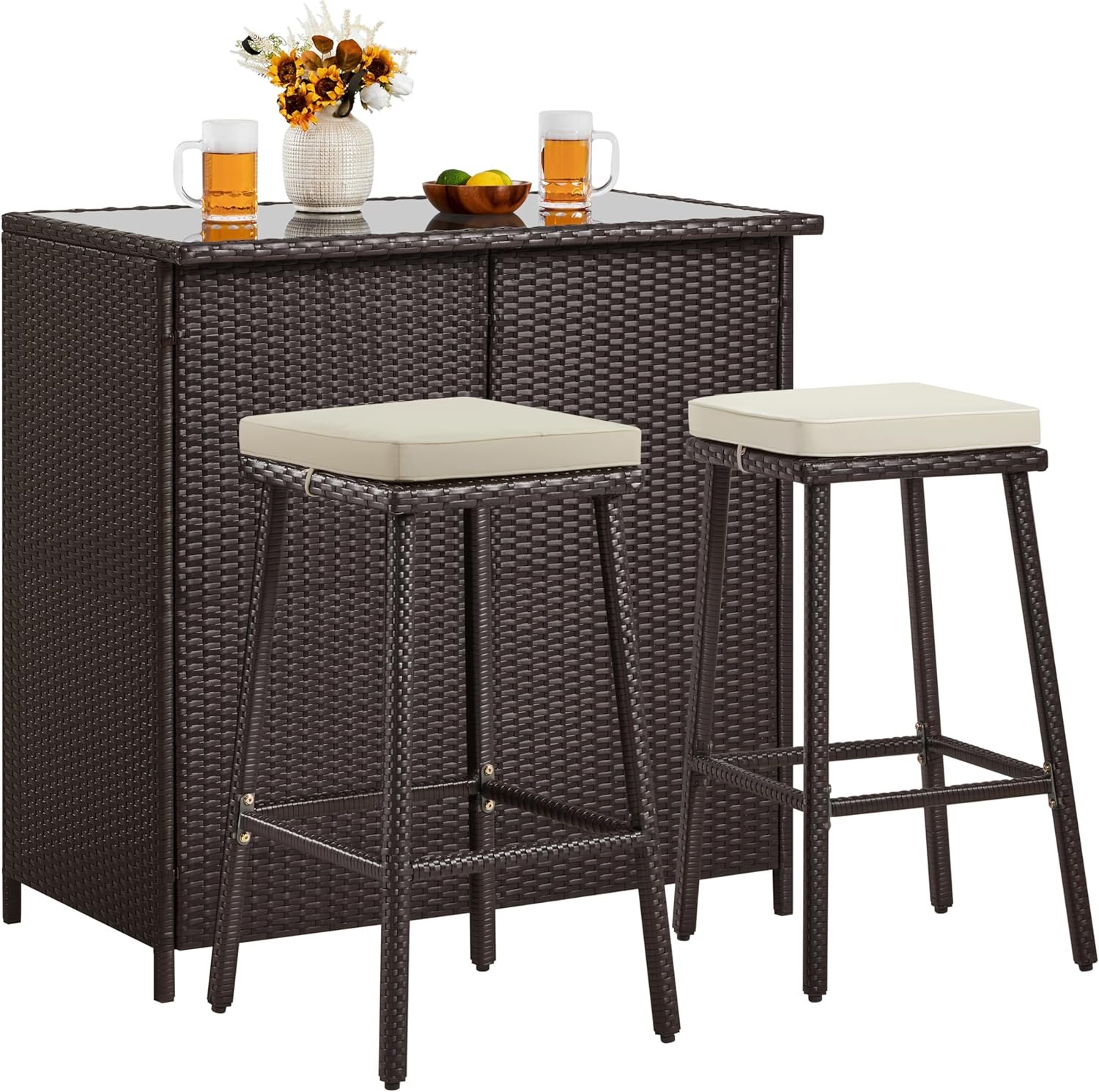 Yaheetech 3pcs Outdoor Bar Set, Patio Wicker Bar Furniture with 2 Storage Shelves, Glass Top Table, Cushions and Two Stools, Brown/Khaki | with 2 Storage Shelves, Glass Top Table, Cushions and Two Stools