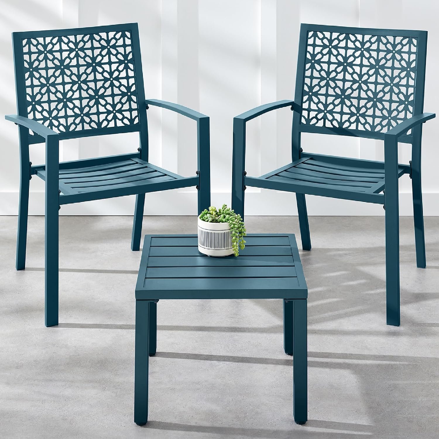 Best Choice Products 3-Piece Outdoor Bistro Set, Stackable Modern Steel Furniture for Porch, Garden w/ 2 Chairs, Table, Geometric Decor – Peacock Blue