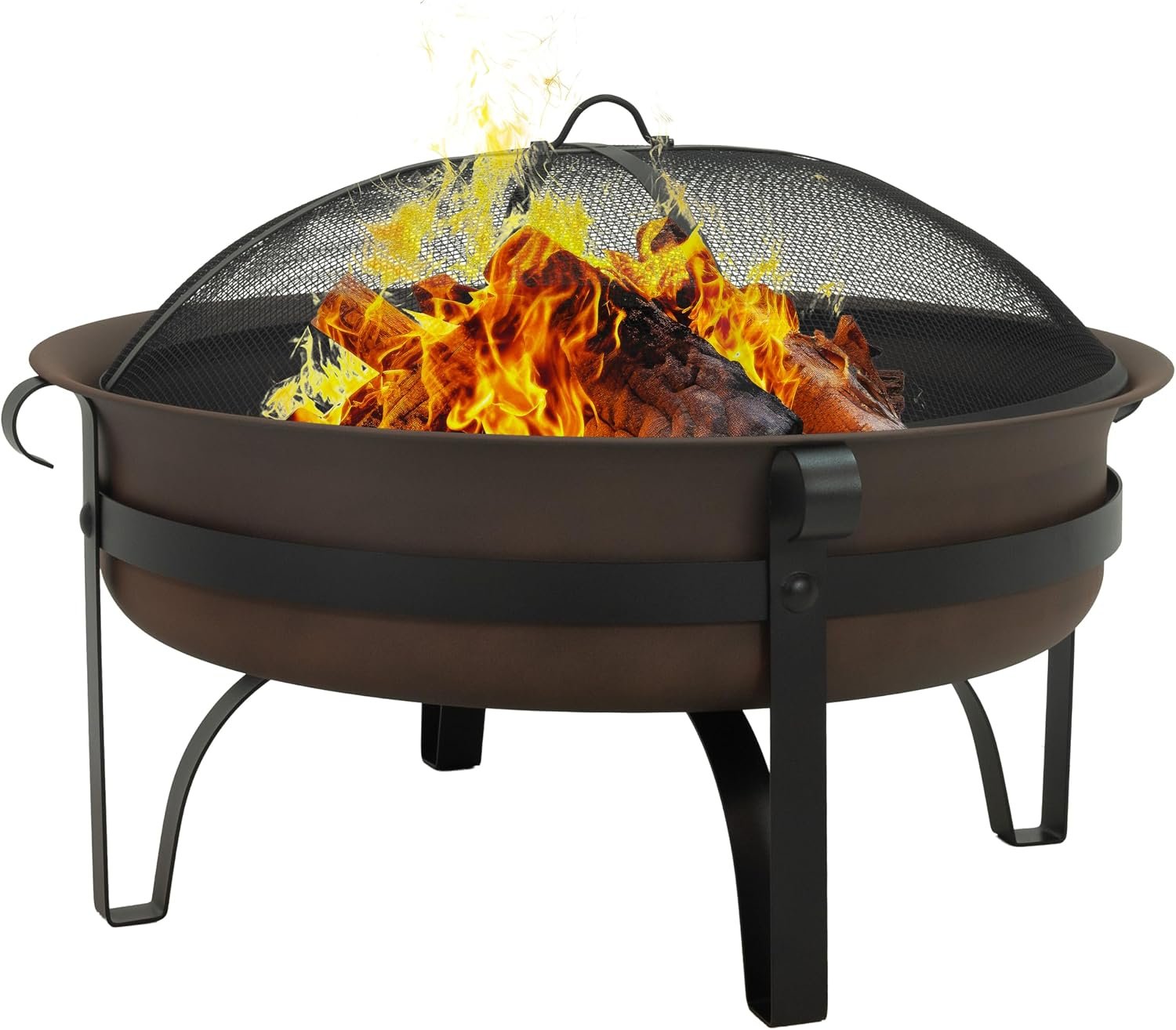 Sunnydaze Cauldron Wood-Burning Outdoor Fire Pit for Patio and Backyard – Round Steel Outside Firepit Bowl with Cover, Removable Ash Pan, Spark Screen, and Poker Tool – Dark Bronze Finish – 34-Inch
