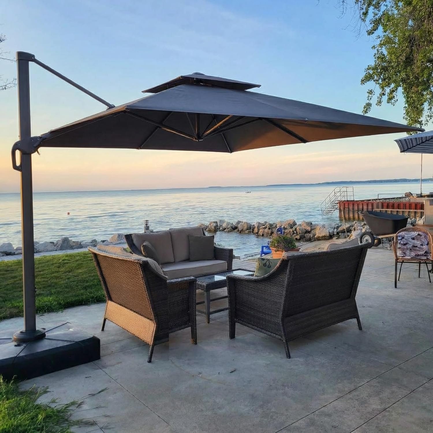Hoteel Outdoor Patio Umbrella – 10ft Cantilever Umbrella for Patio Heavy Duty Offset Umbrellas with Stand, 360 Rotation Double Top Large Table Umbrella on Clearance for Deck Pool Backyard