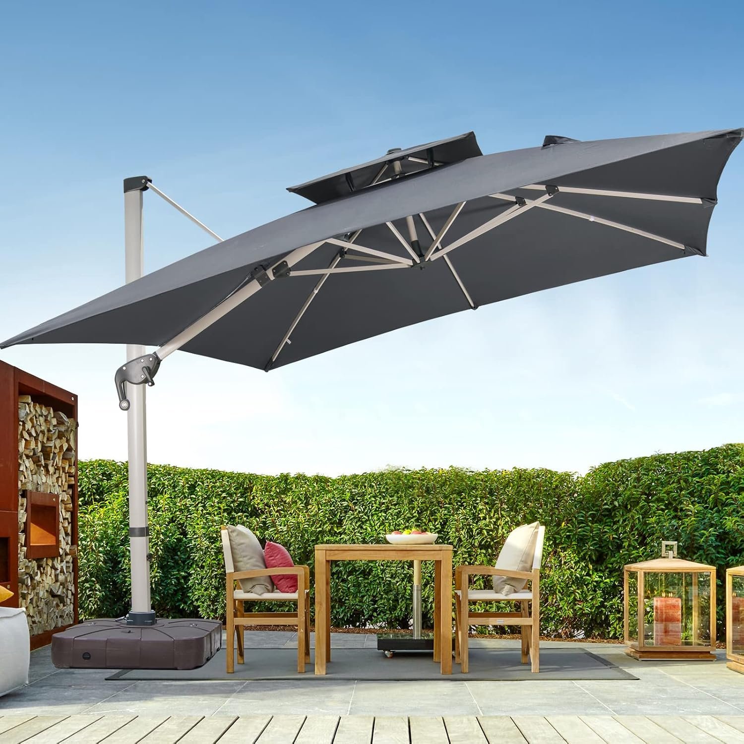 Cantilever Patio Umbrella with Cross Base and Cover Included – 360° Rotation Large Heavy Duty Offset Outdoor Umbrella with Easy Tilt for Pool Backyard Deck Garden (10×10 FT Grey)
