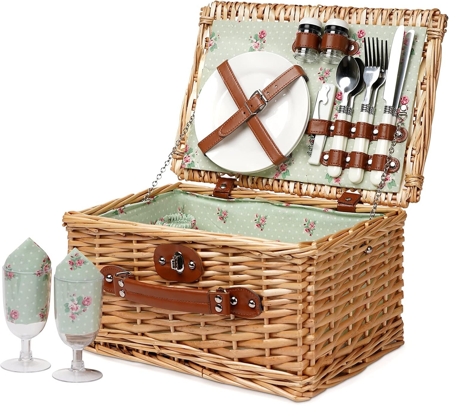 Wicker Picnic Basket for 2, Vintage Picnic Basket – Flower | Handmade 2 Person Picnic Basket, Picnic Basket Set with Utensils Cutlery Perfect for Picnic, Camping, Outdoor