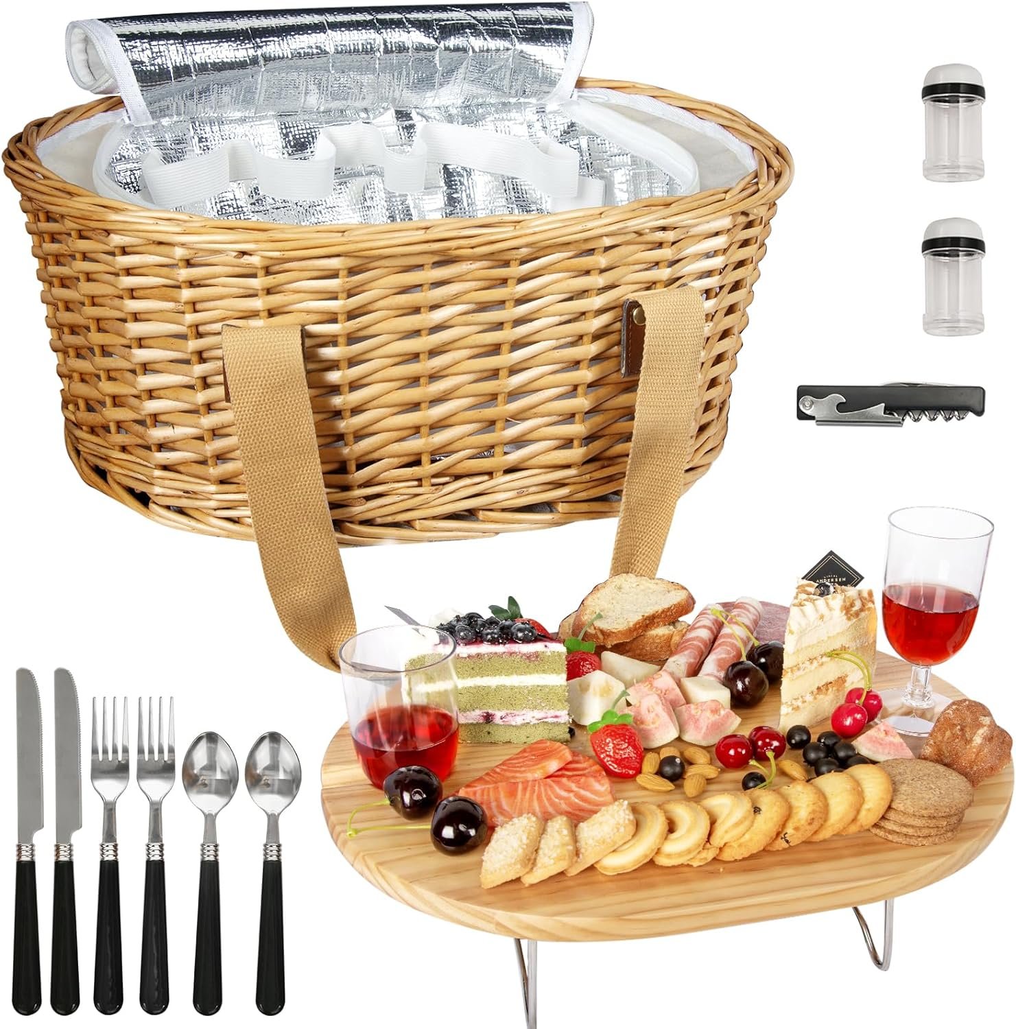 Hap Tim Wicker Picnic Basket Set for 2 with Mini Folding Wine Picnic Table & Large Insulated Cooler Bag & Cutlery Service Kits for 2 Person, Couples Gifts, Wedding Gifts (Y2209-2-CM)