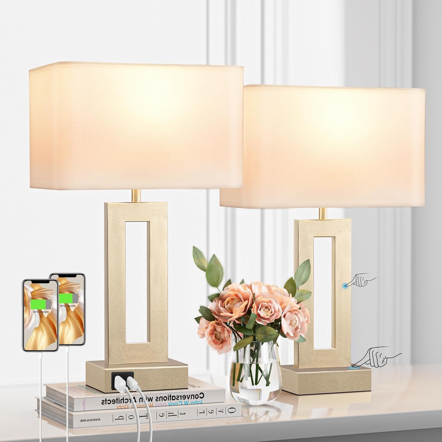 Seealle Bedroom Table Lamps Set of 2 – Touch Bedside Lamps with USB C+A, 3 Way Dimmable Gold Lamp for Nightstand, Modern Night Stands Lamps for Living Room End Tables Desk Bed Side Study Room(16.4n)