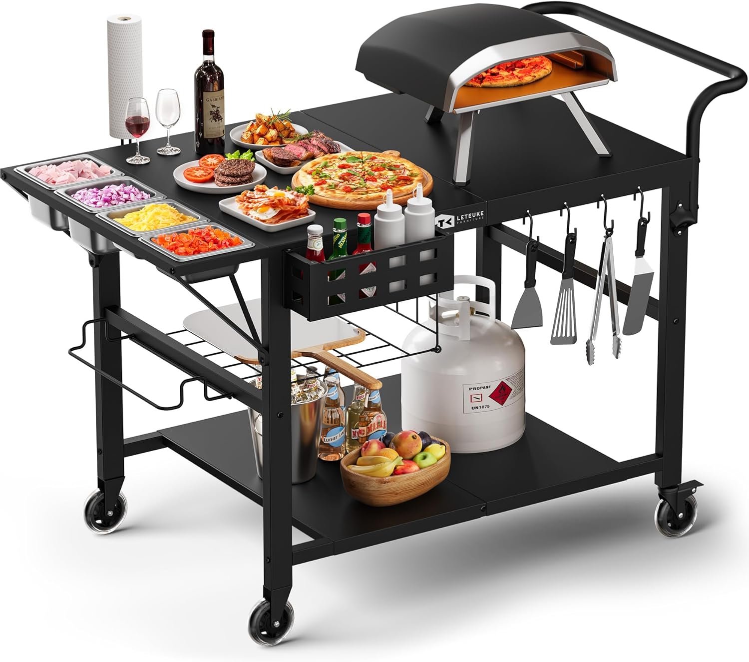 Pizza Oven Table Stand, Outdoor Grill Cart Table for Ninja Ooni Blackstone | Outside BBQ Prep Tables Station with Seasoning Tray for Gozney, Solo Stove, 47″x27.5″x30″