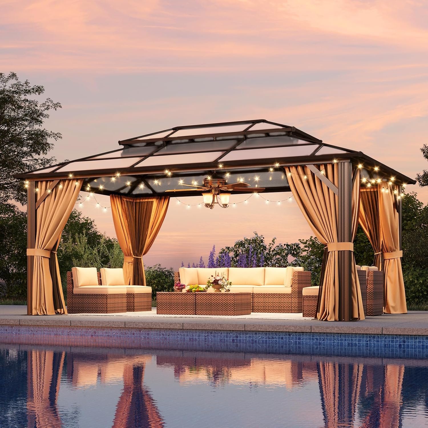 Aoxun 12’x16′ Outdoor Gazebo with Double Polycarbonate Roof Brown | Hardtop Metal Gazebo with Mosquito Netting and Privacy Curtains for Garden, Patio, Backyard