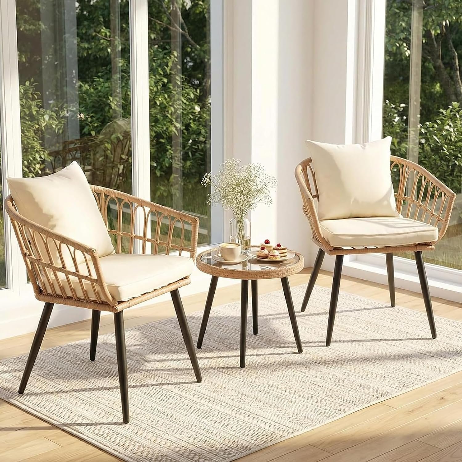 3 Piece Outdoor Patio Bistro Set,All-Weather Modern Wicker Table and Chairs Set for Backyard,Deck,Poolside,Beige