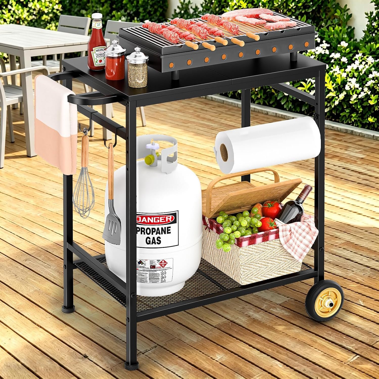 2-Tier Outdoor Grill Table with Wheels, Movable Cooking Food Prep Table for Outside BBQ Gathering, with 23.62″ Lx 15.75″ W Rust-resistant Tabletop, Griddle Stand for Patio & Backyard & Tools Room