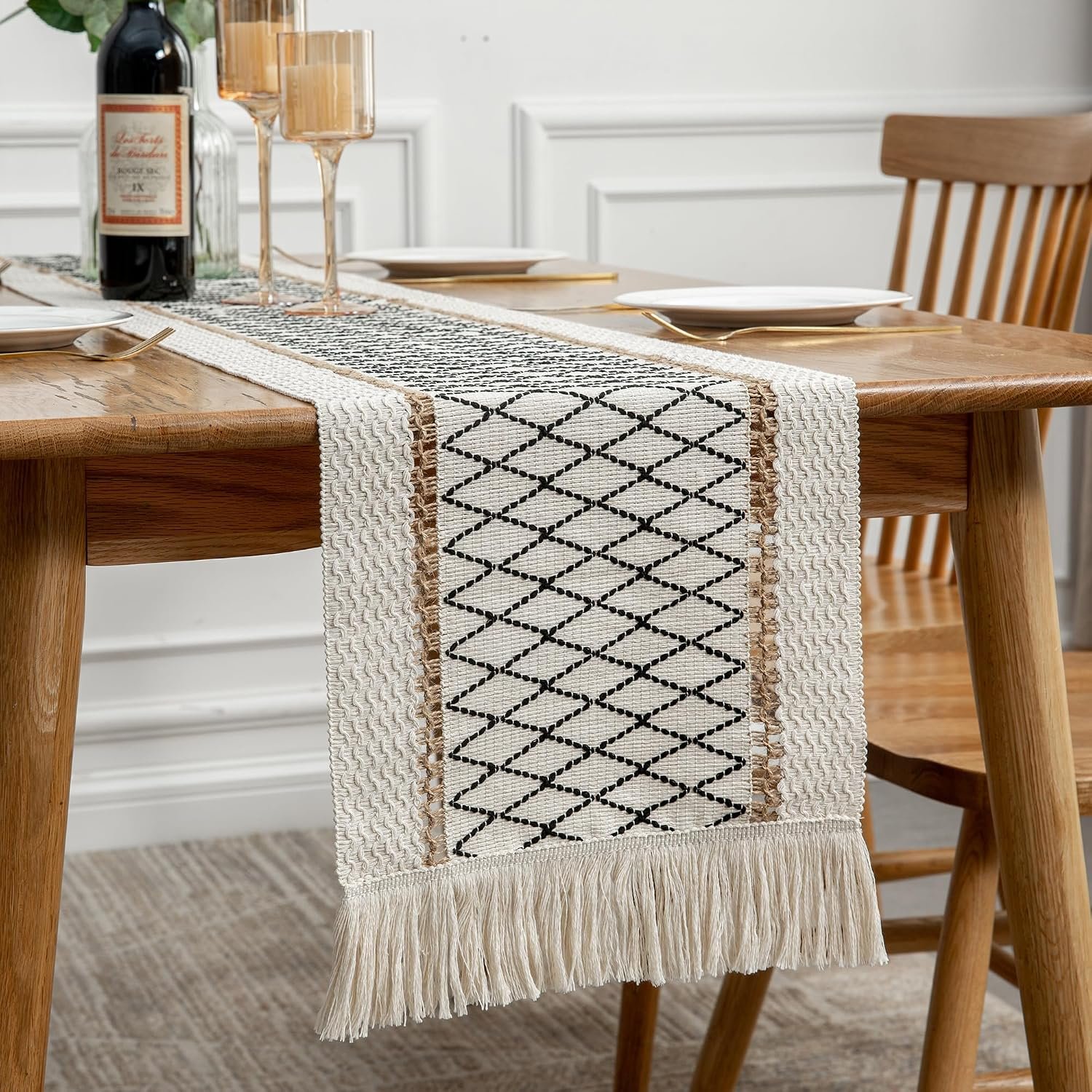 Table Runner Linear End, Boho Style with Tassels, Cotton & Linen, Farmhouse Home Decor for Living Room Dresser Scarfs (12x72Inch, Black & Beige)